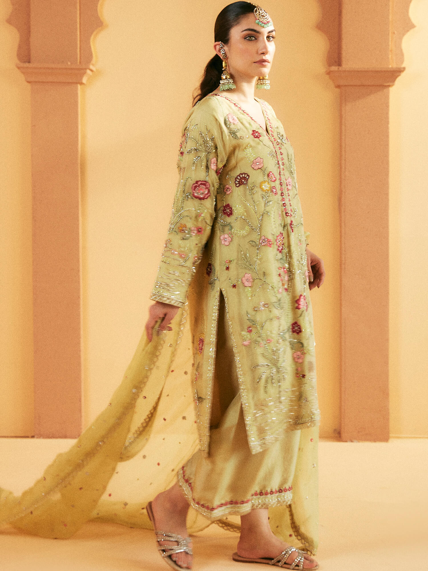 Pakistani Lime Embroidered Organza Kurta Set (3-Piece) - Image 2