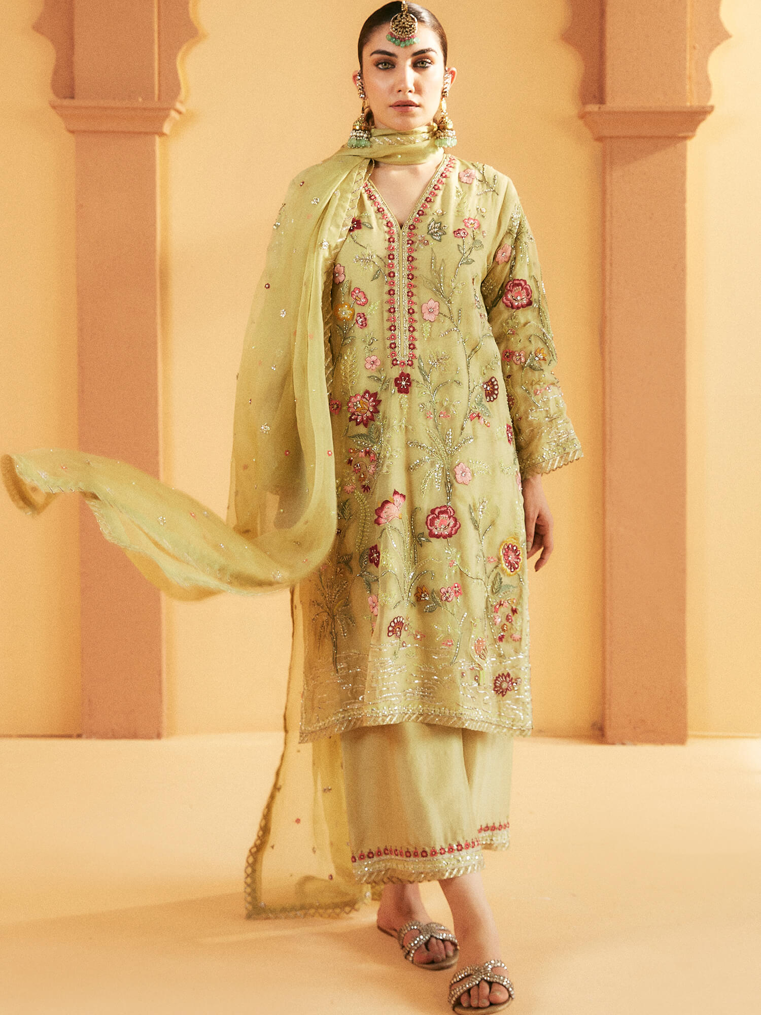Pakistani Lime Embroidered Organza Kurta Set (3-Piece) - Image 4