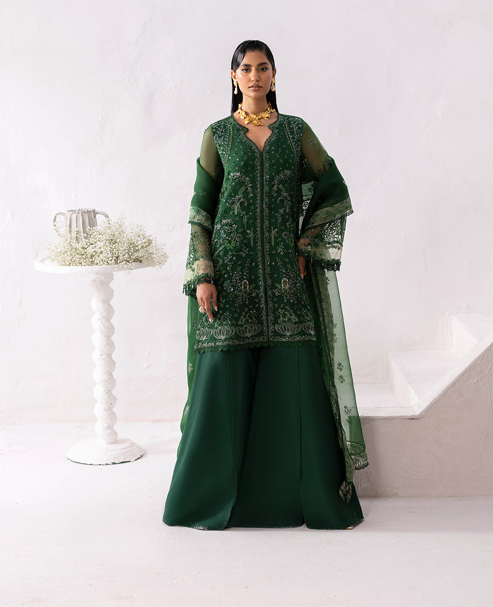 Pakistani Holly Green Embroidered Organza Salwar Kameez (3-Piece) - Image 2