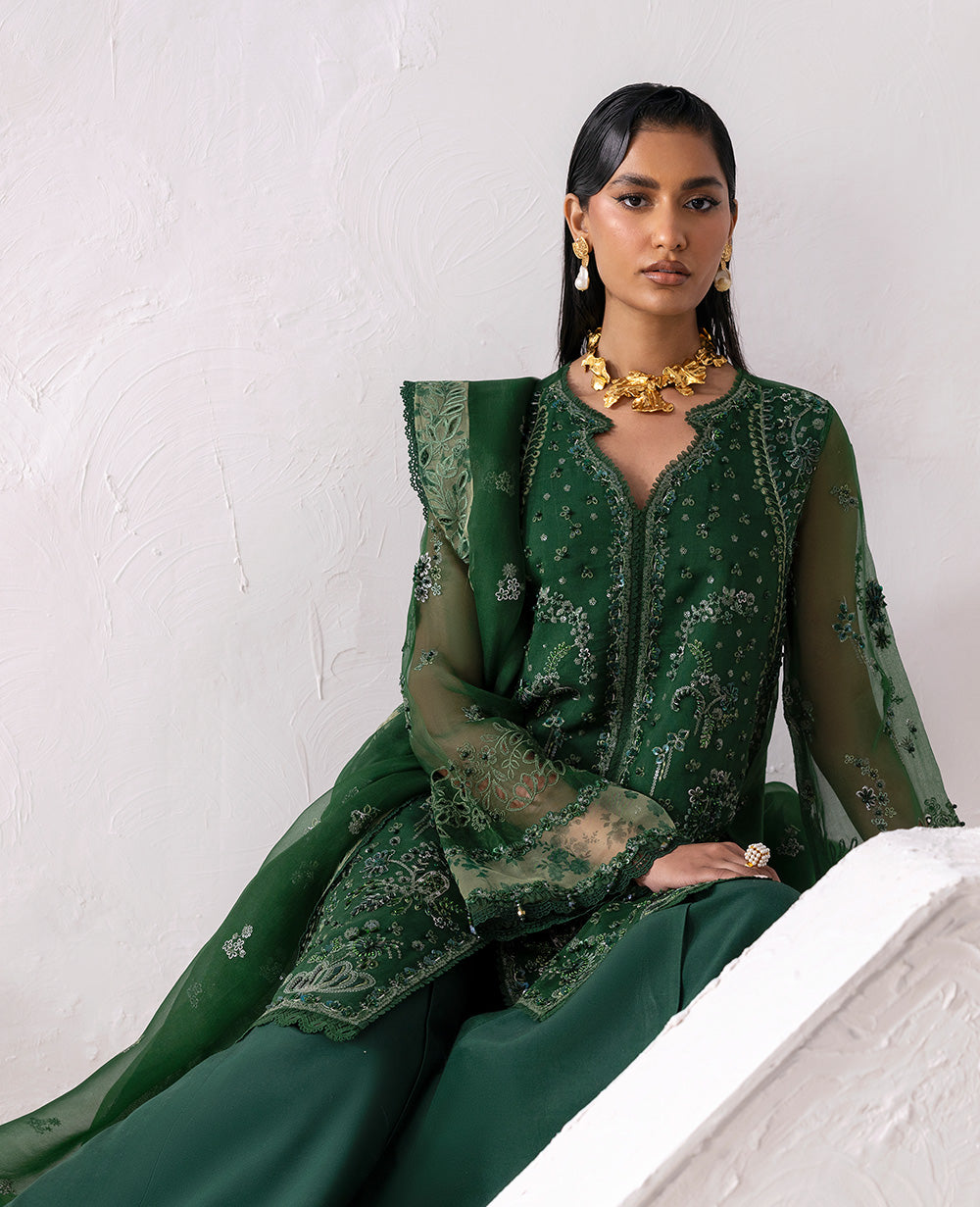 Pakistani Holly Green Embroidered Organza Salwar Kameez (3-Piece) - Image 4