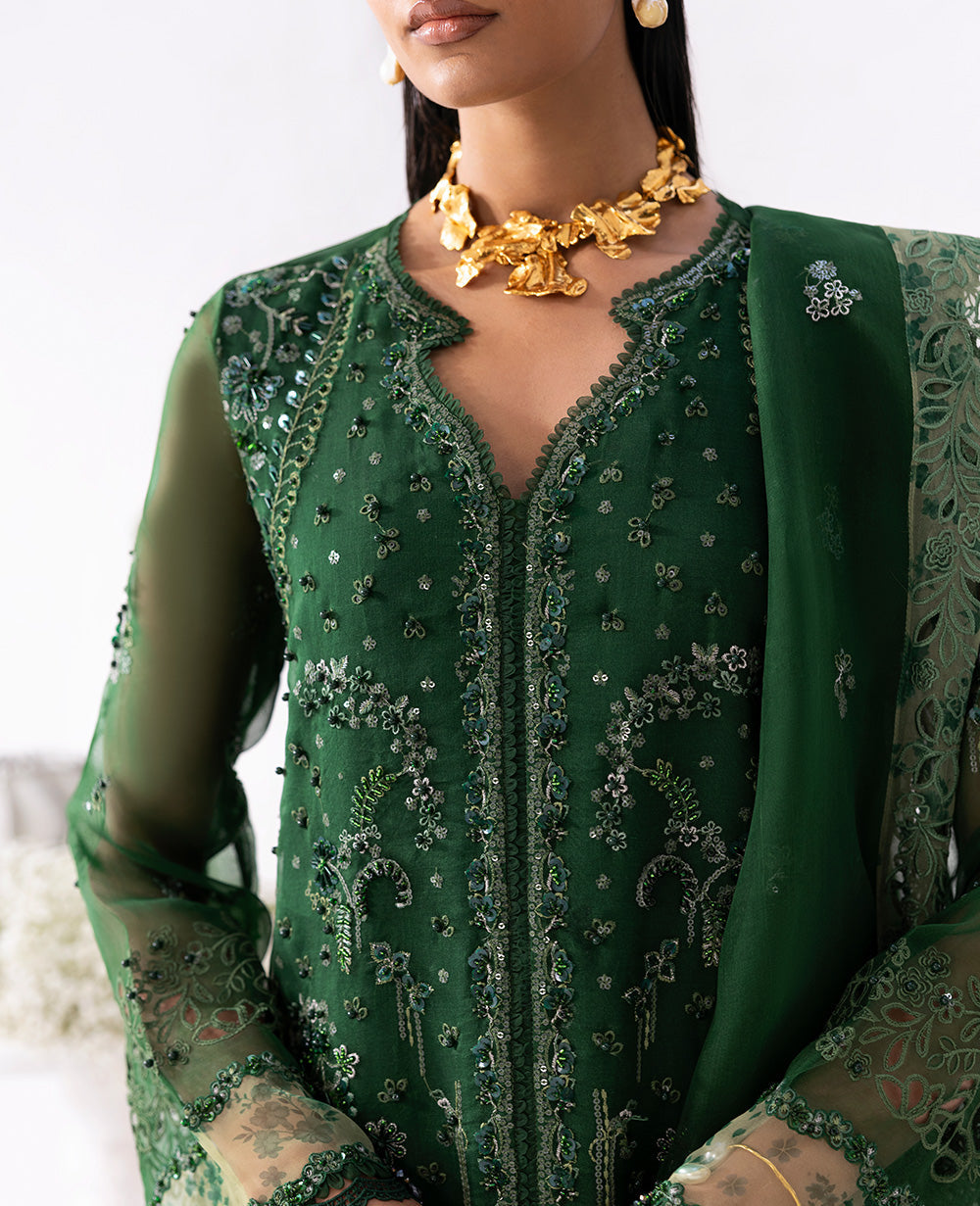 Pakistani Holly Green Embroidered Organza Salwar Kameez (3-Piece) - Image 5