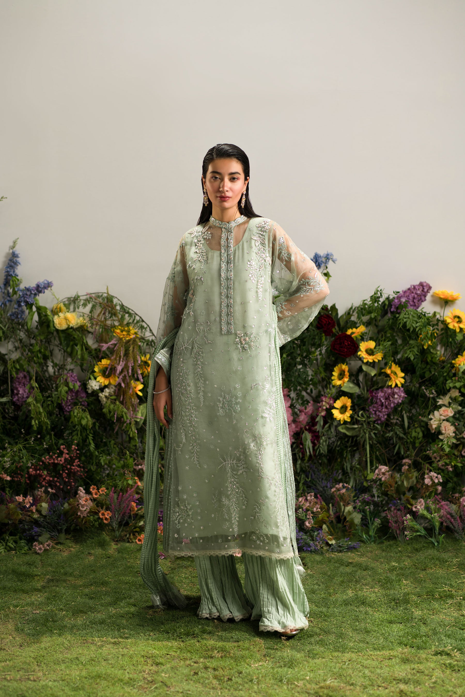 Mint Jade Embroidered Organza Kurta Set (4-Piece) - Image 1