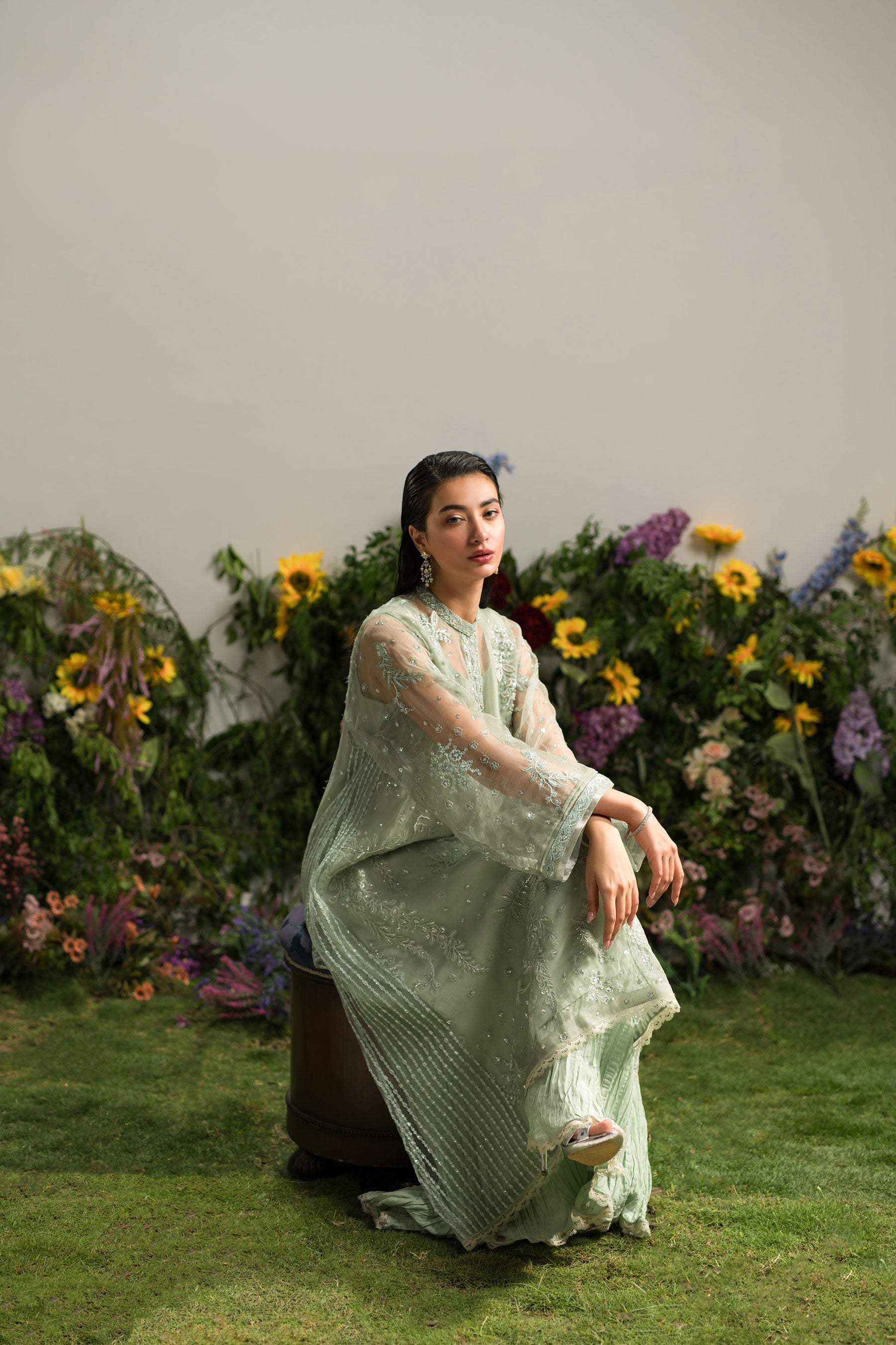 Mint Jade Embroidered Organza Kurta Set (4-Piece) - Image 3