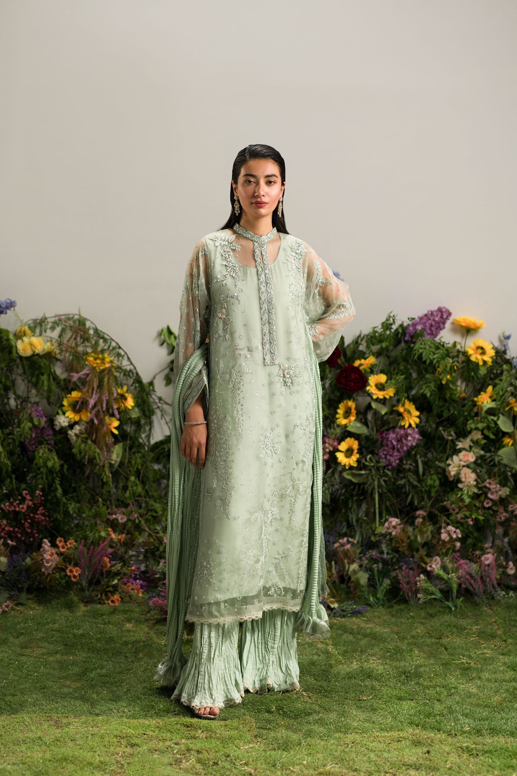Mint Jade Embroidered Organza Kurta Set (4-Piece) - Image 5