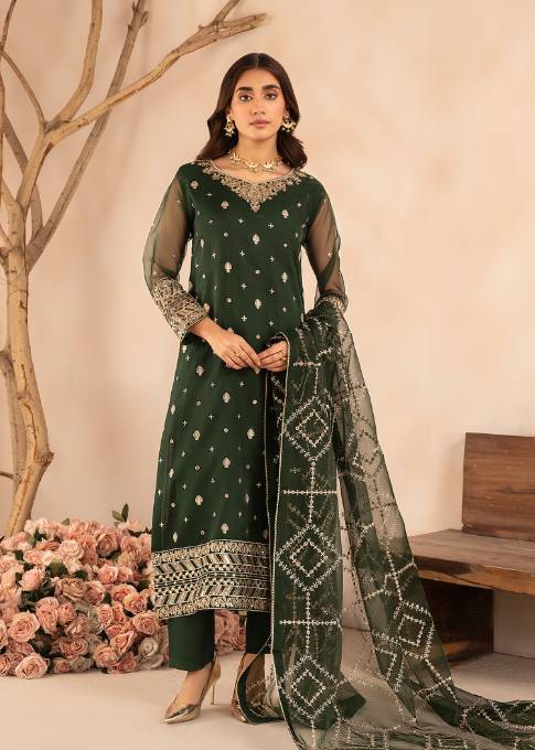 Emerald Green Embroidered Organza Kurta Set (3-Piece) - Image 1