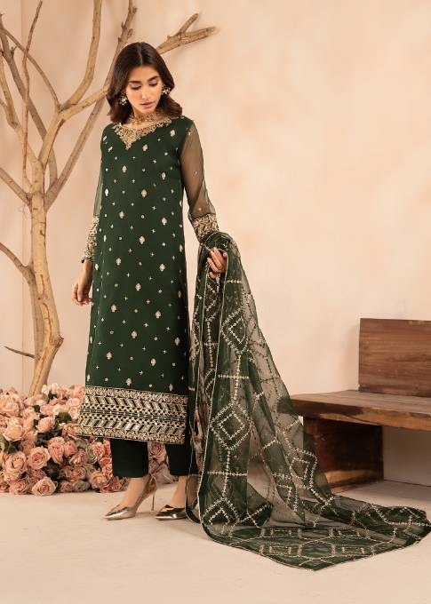 Emerald Green Embroidered Organza Kurta Set (3-Piece) - Image 2