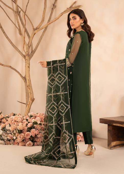 Emerald Green Embroidered Organza Kurta Set (3-Piece) - Image 3
