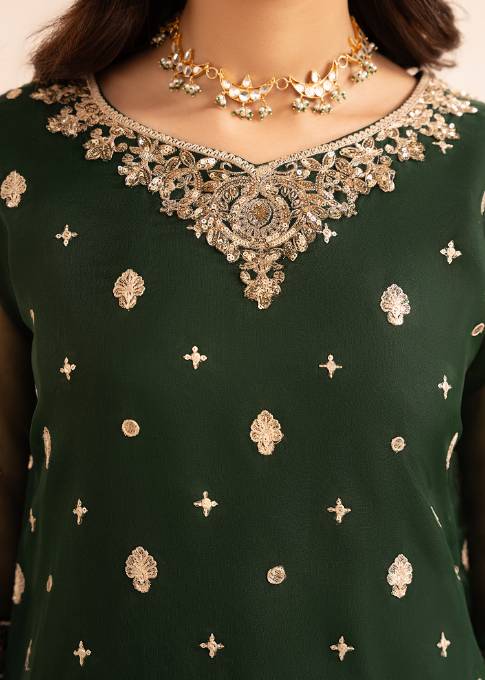 Emerald Green Embroidered Organza Kurta Set (3-Piece) - Image 4