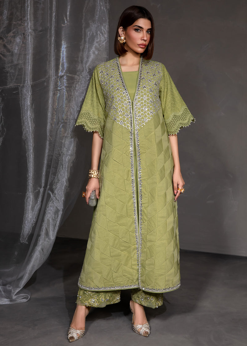 Lime Green Swarovski Embroidered Organza & Raw Silk Salwar Kameez (2-Piece) - Image 1