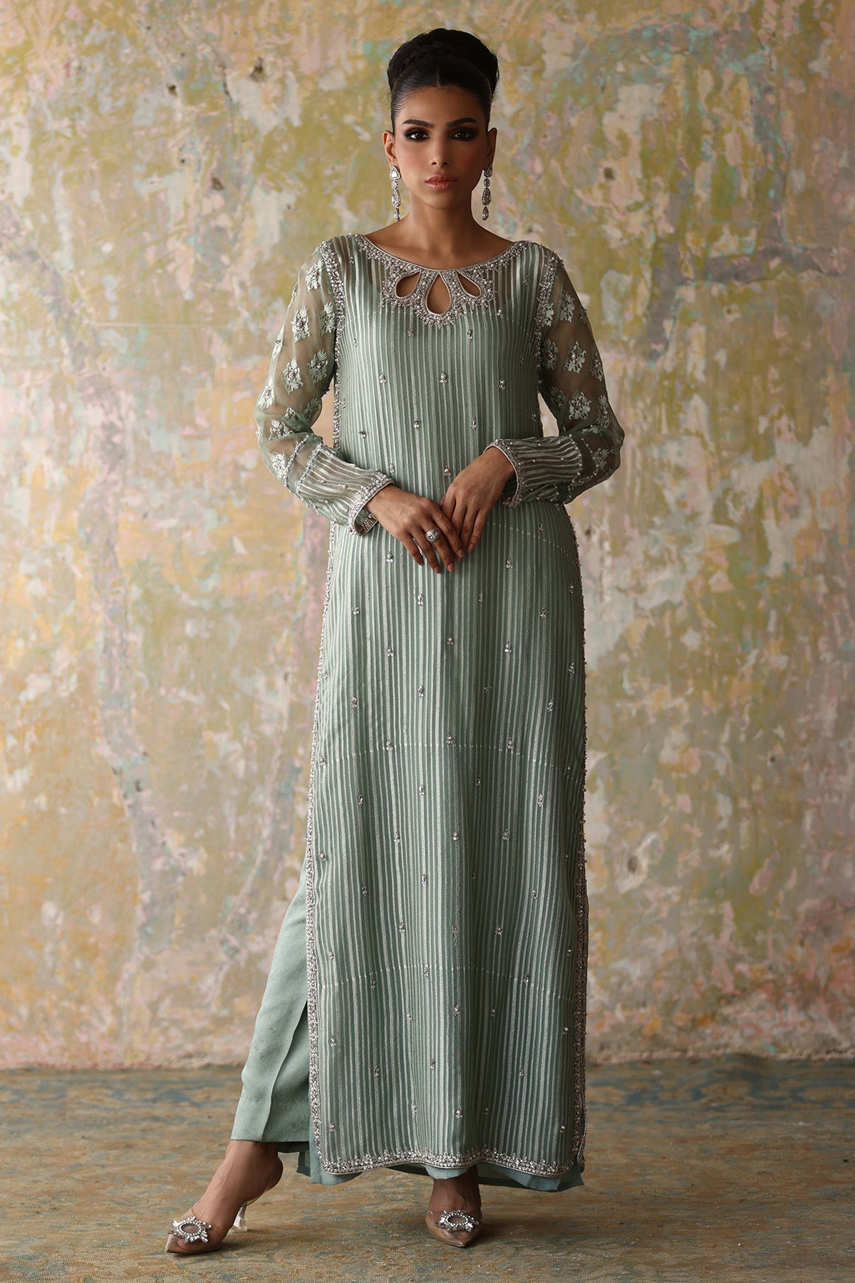 Sea Green Thread-Embroidered Organza Kameez (2-Piece) - Image 1