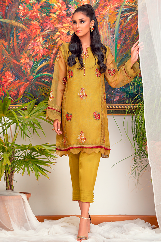 Dhani Green Embroidered Organza Salwar Kameez (2-Piece) - Image 2