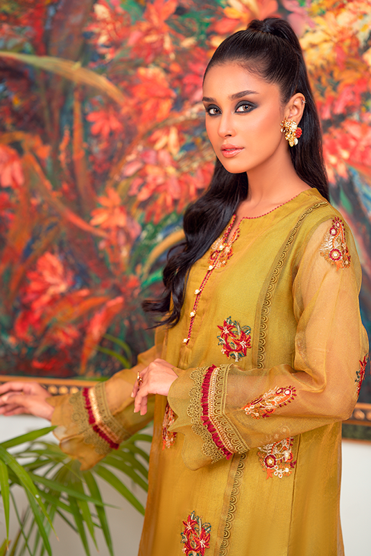 Dhani Green Embroidered Organza Salwar Kameez (2-Piece) - Image 3