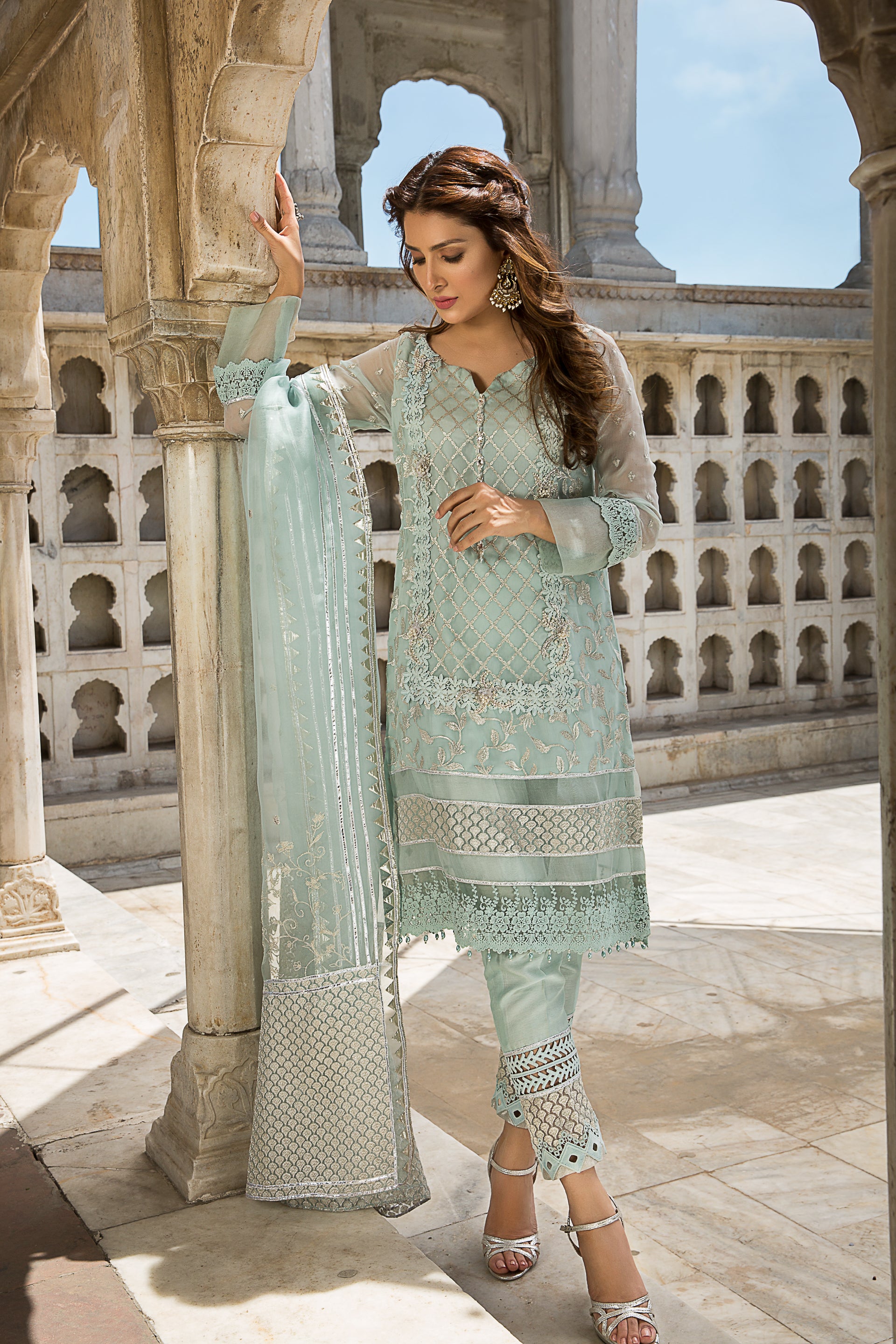 Mint Green Embroidered Organza Salwar Kameez (3-Piece) - Image 1