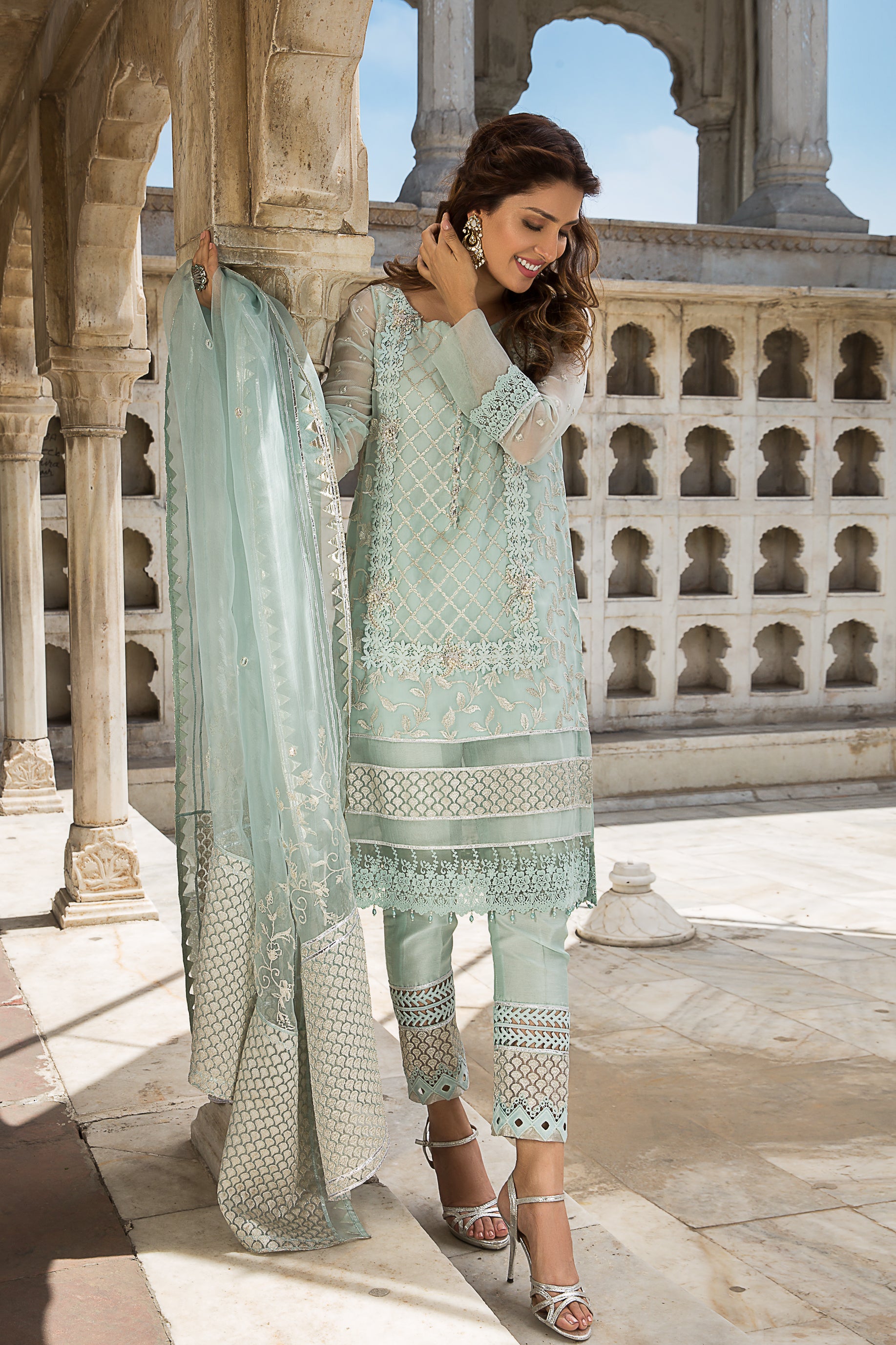 Mint Green Embroidered Organza Salwar Kameez (3-Piece) - Image 3