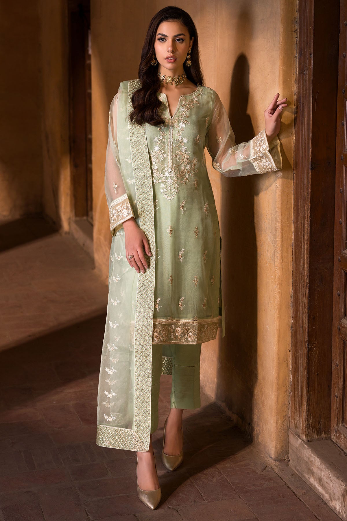 Mint Green Embroidered Organza 3-Piece Suit - Image 1