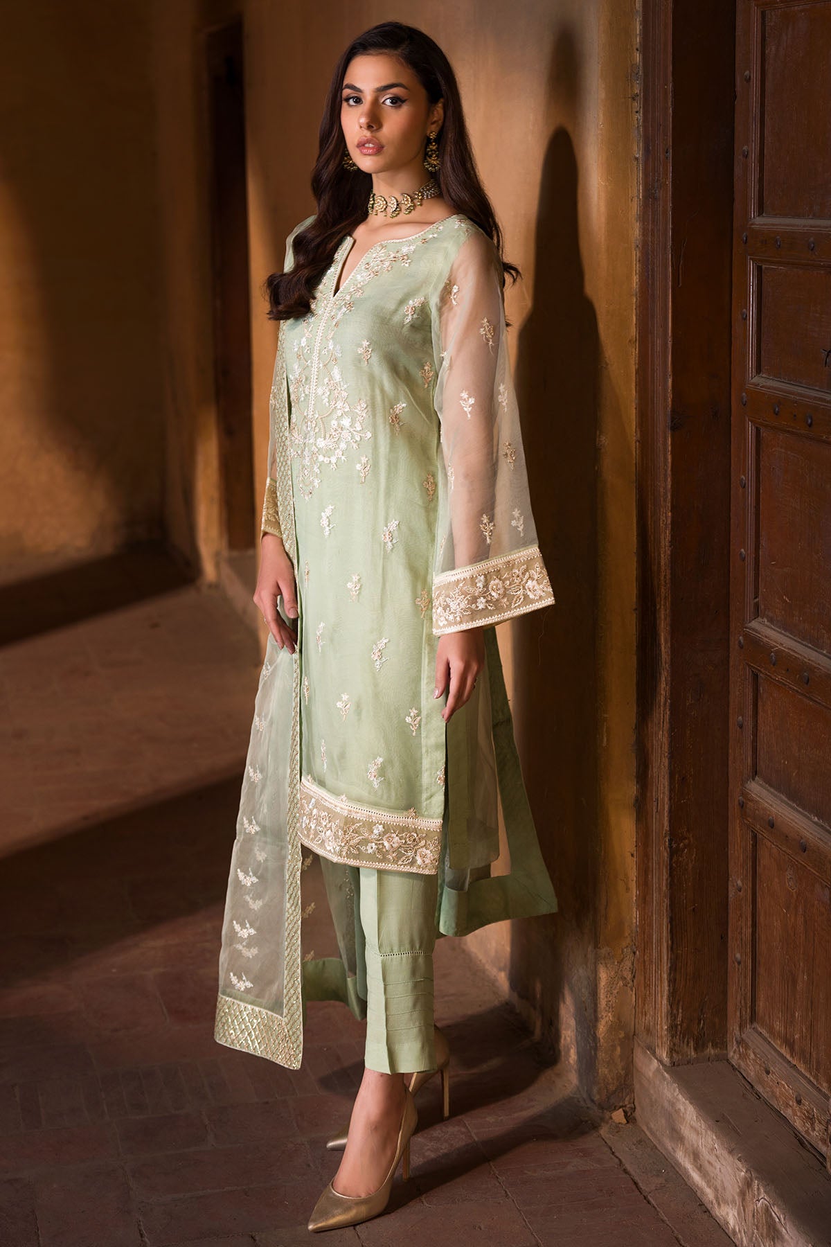 Mint Green Embroidered Organza 3-Piece Suit - Image 2