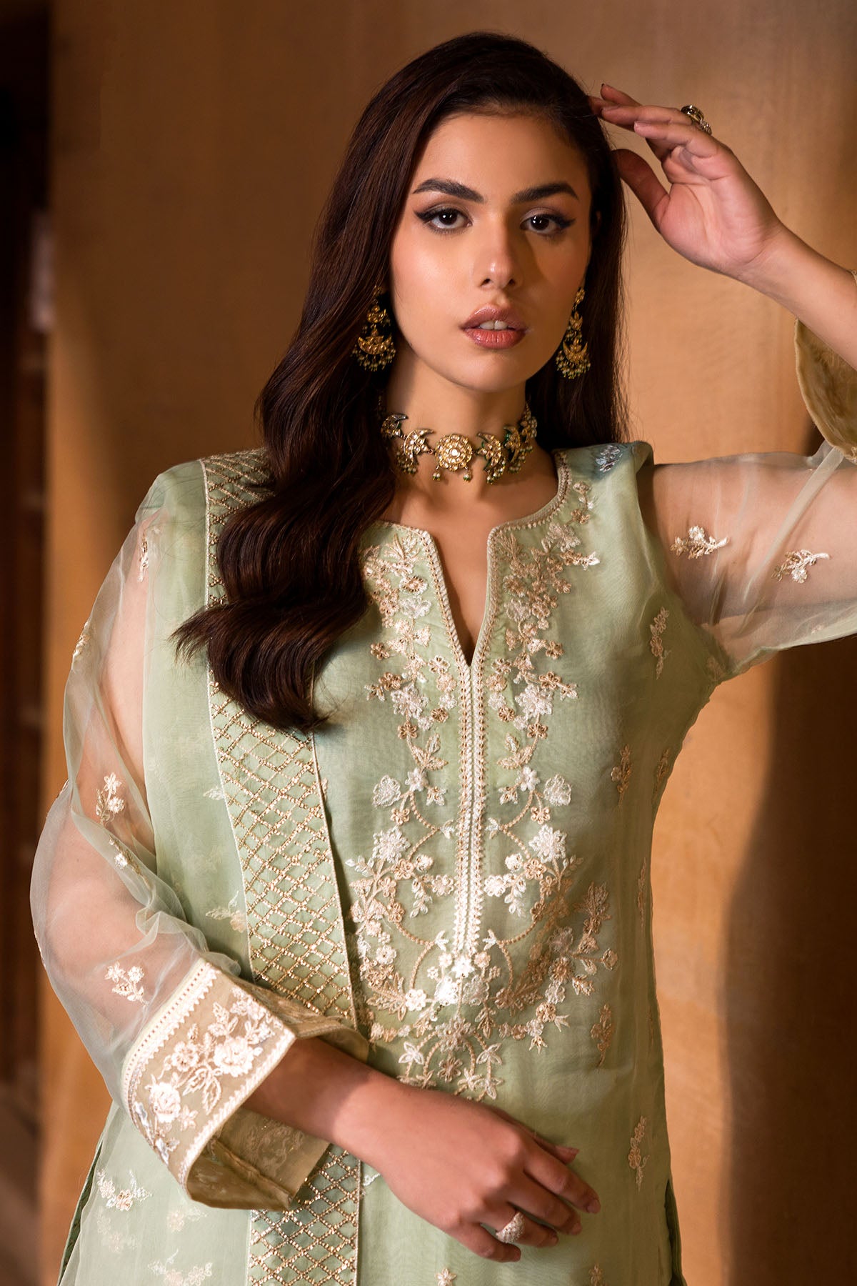 Mint Green Embroidered Organza 3-Piece Suit - Image 3