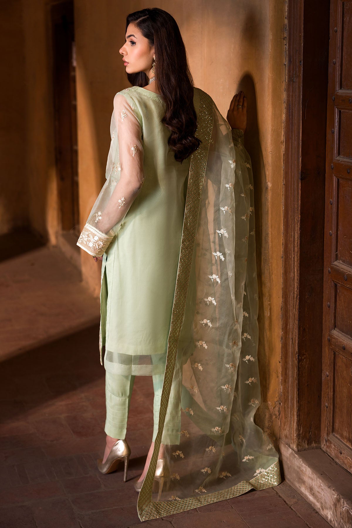 Mint Green Embroidered Organza 3-Piece Suit - Image 5