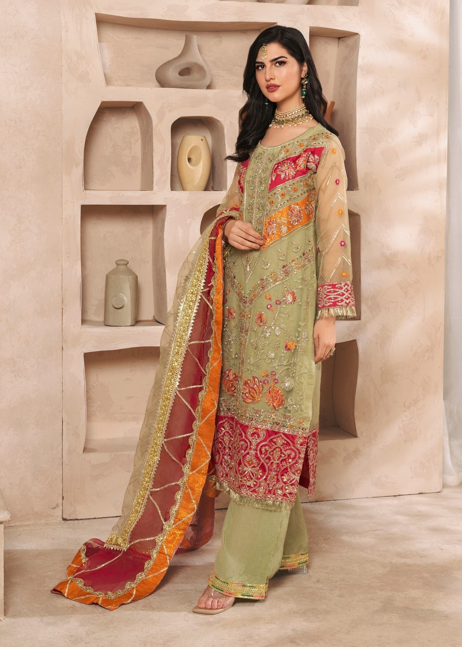 Pakistani Pistachio Green Embroidered Organza Kurta Set (3-Piece) - Image 2