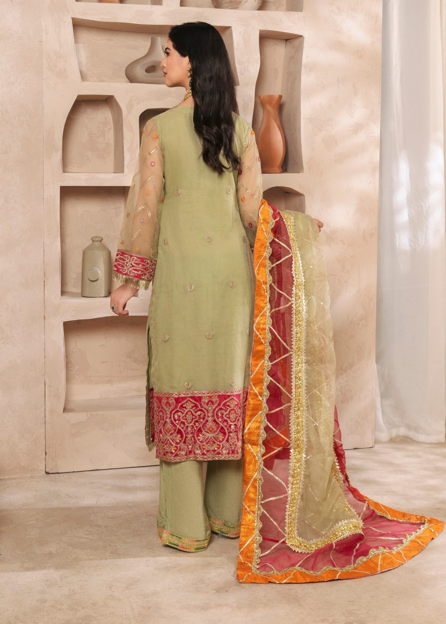 Pakistani Pistachio Green Embroidered Organza Kurta Set (3-Piece) - Image 3
