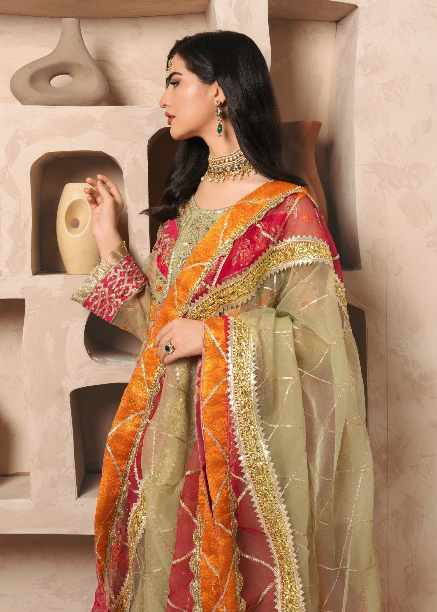 Pakistani Pistachio Green Embroidered Organza Kurta Set (3-Piece) - Image 4