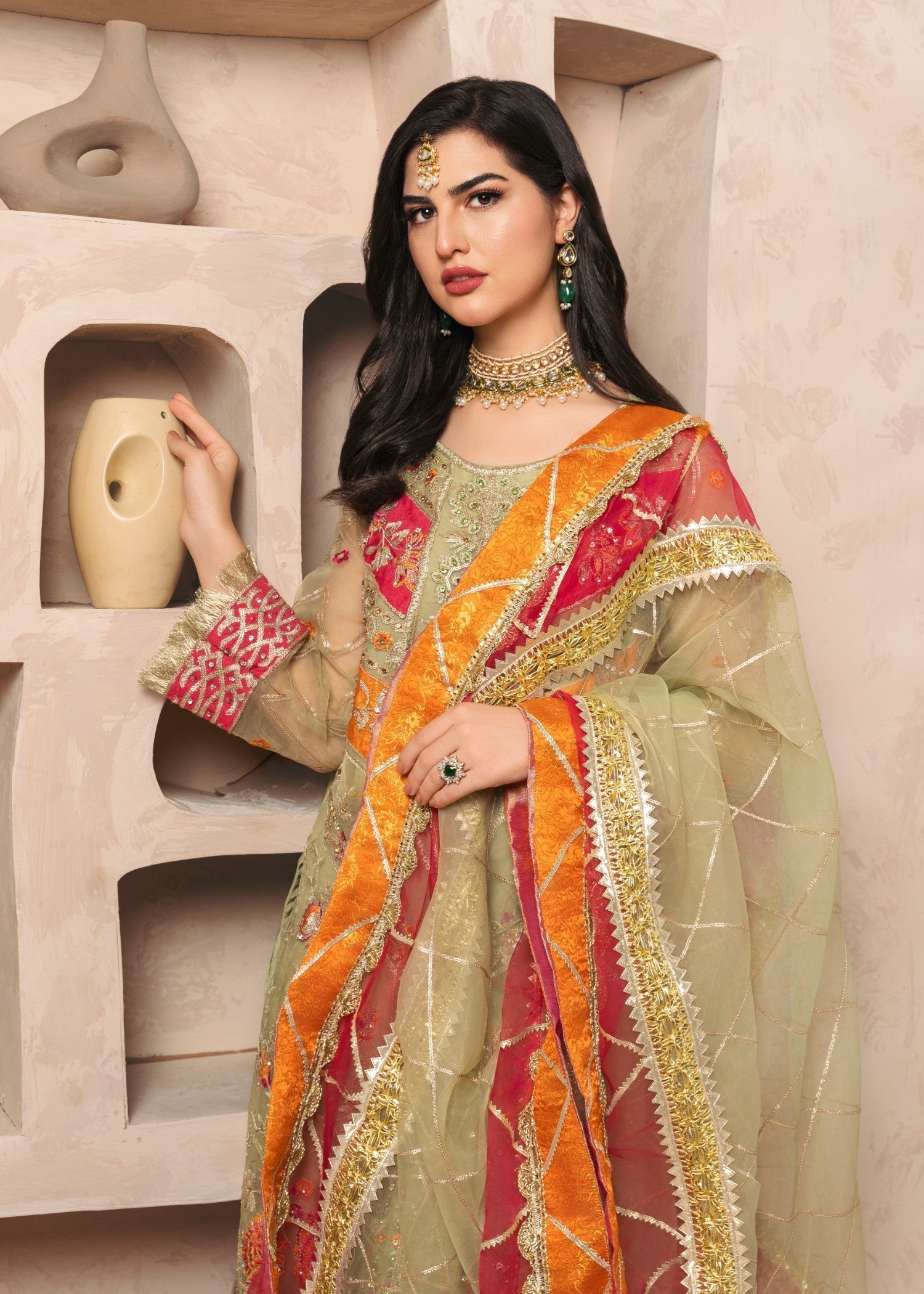 Pakistani Pistachio Green Embroidered Organza Kurta Set (3-Piece) - Image 5