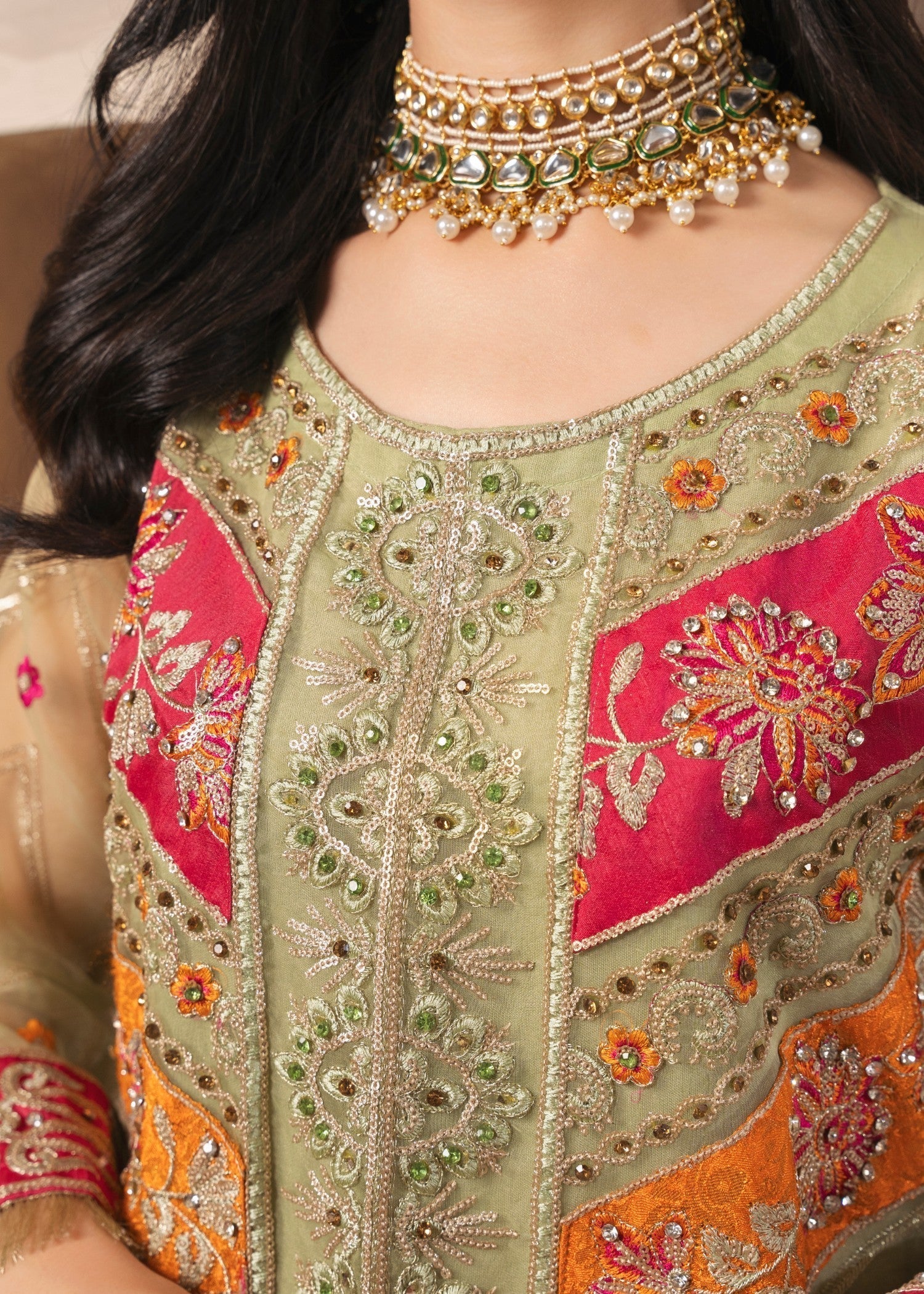 Pakistani Pistachio Green Embroidered Organza Kurta Set (3-Piece) - Image 6