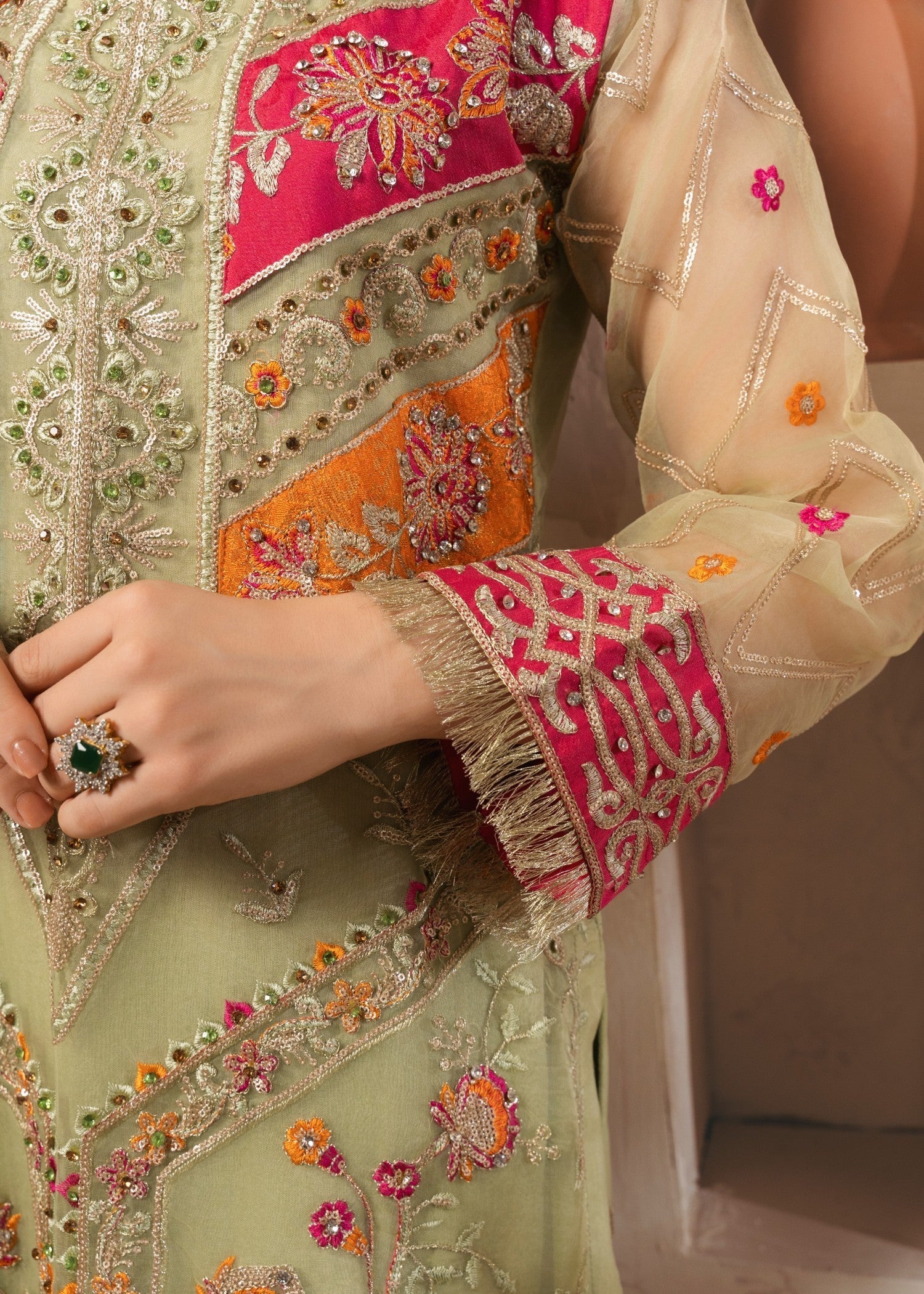 Pakistani Pistachio Green Embroidered Organza Kurta Set (3-Piece) - Image 7