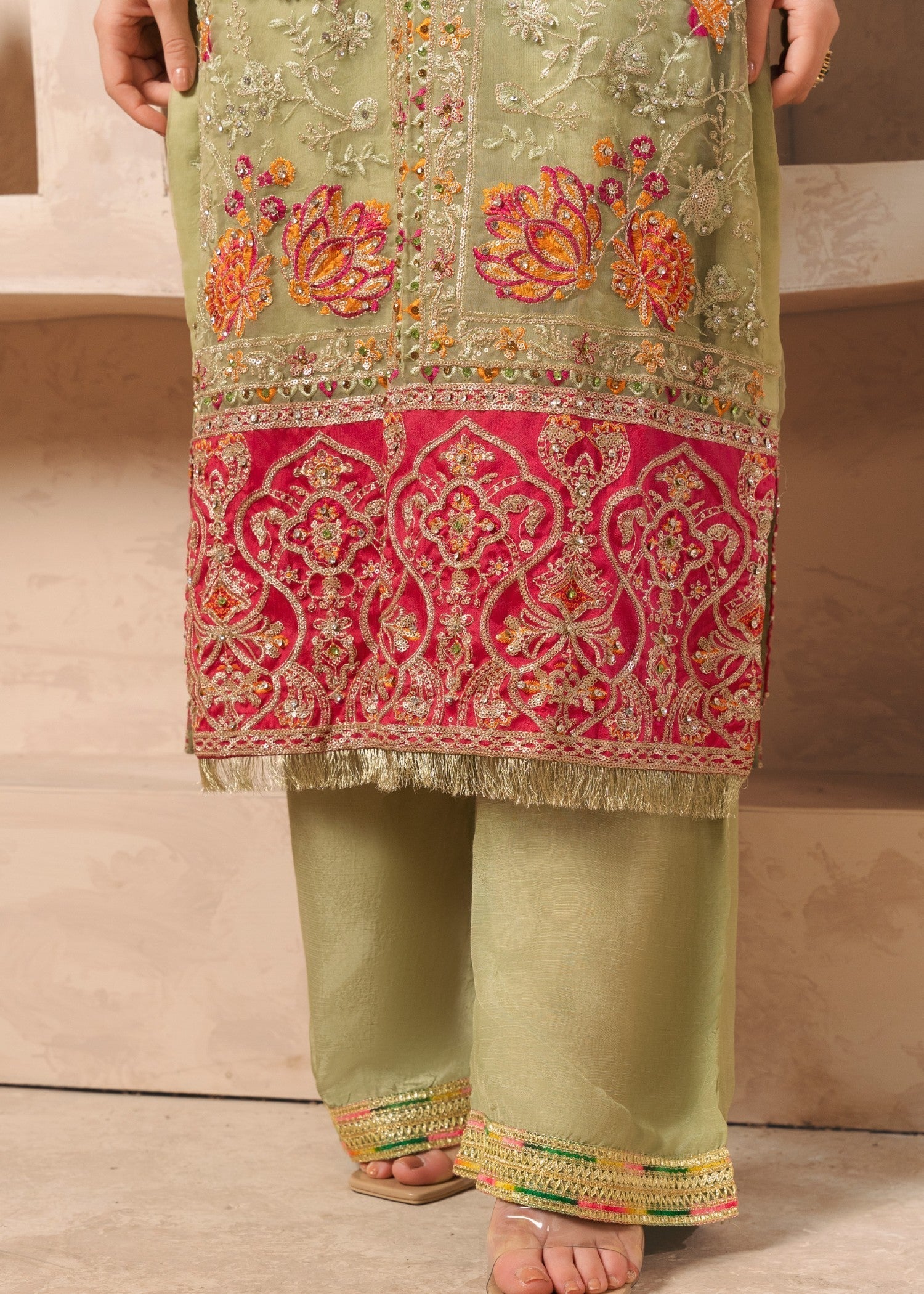 Pakistani Pistachio Green Embroidered Organza Kurta Set (3-Piece) - Image 8