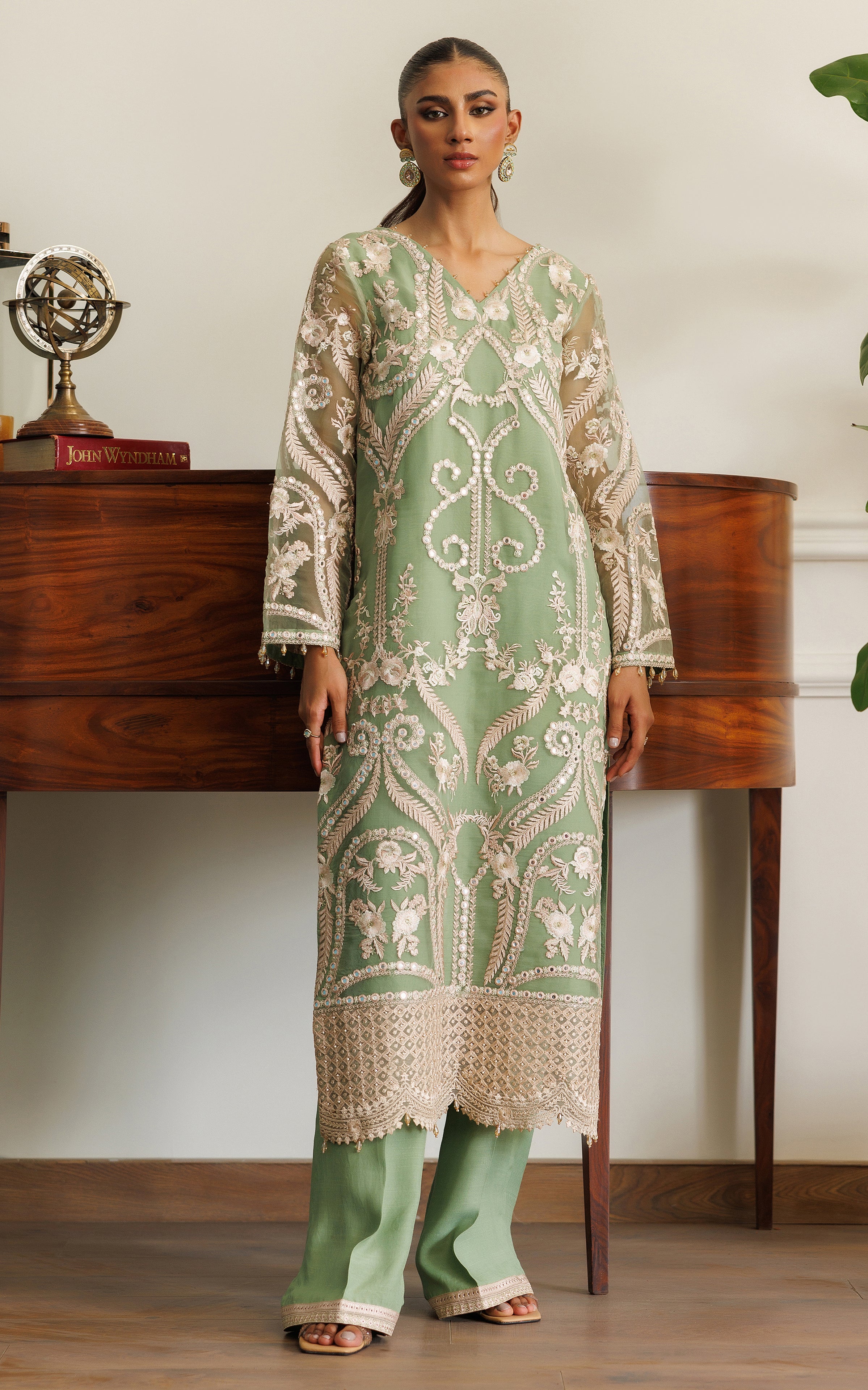 Pakistani Sage Green Embroidered Organza Salwar Kameez (2-Piece) - Image 1