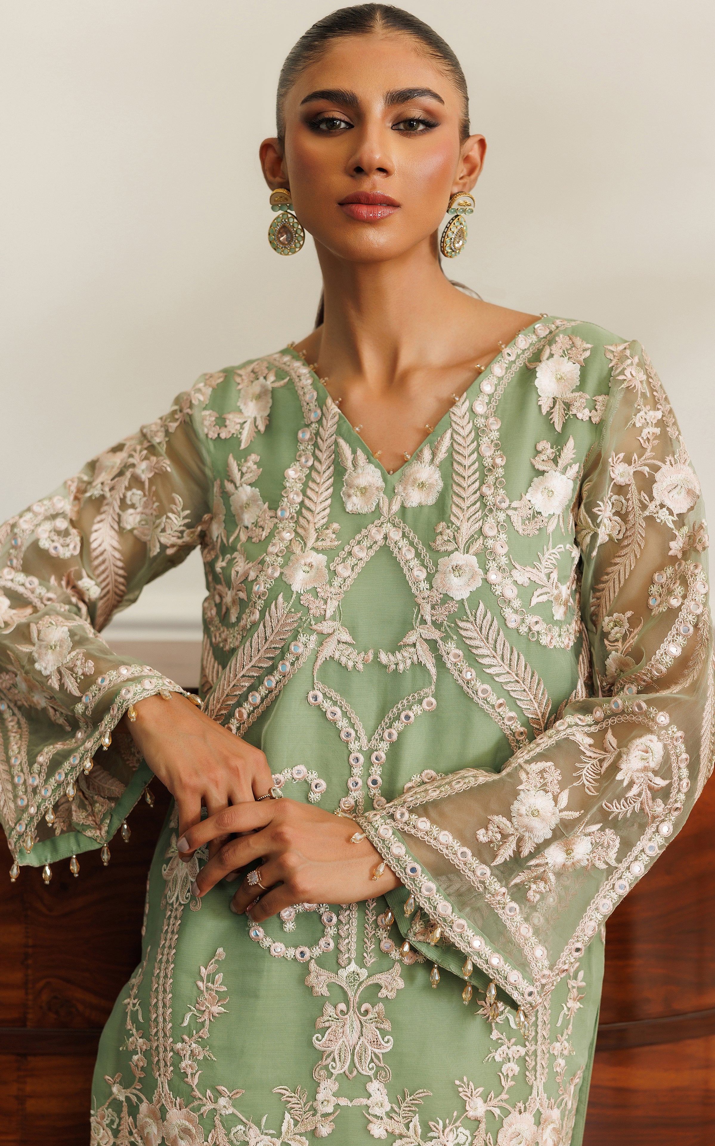 Pakistani Sage Green Embroidered Organza Salwar Kameez (2-Piece) - Image 2