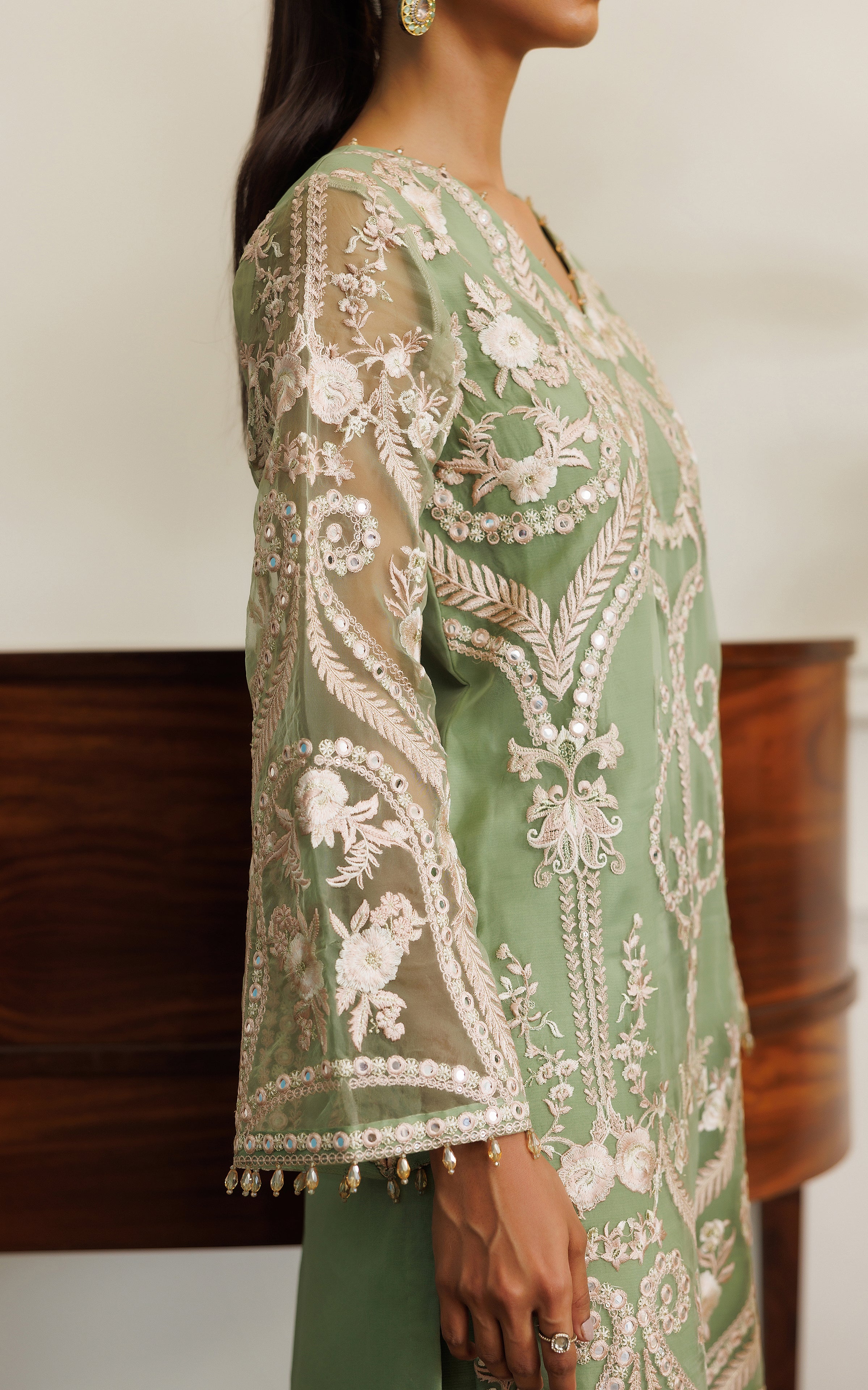 Pakistani Sage Green Embroidered Organza Salwar Kameez (2-Piece) - Image 4