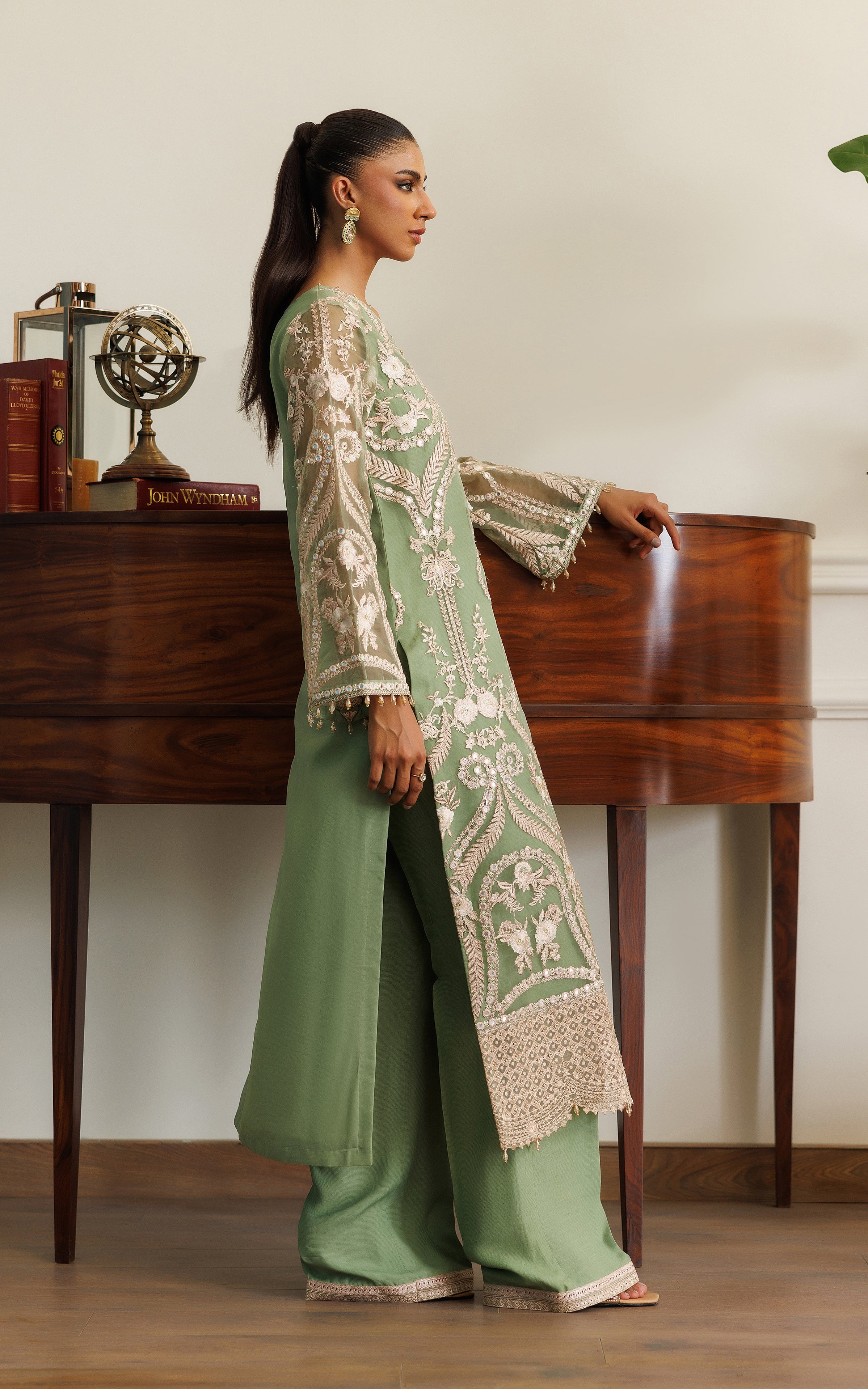 Pakistani Sage Green Embroidered Organza Salwar Kameez (2-Piece) - Image 5