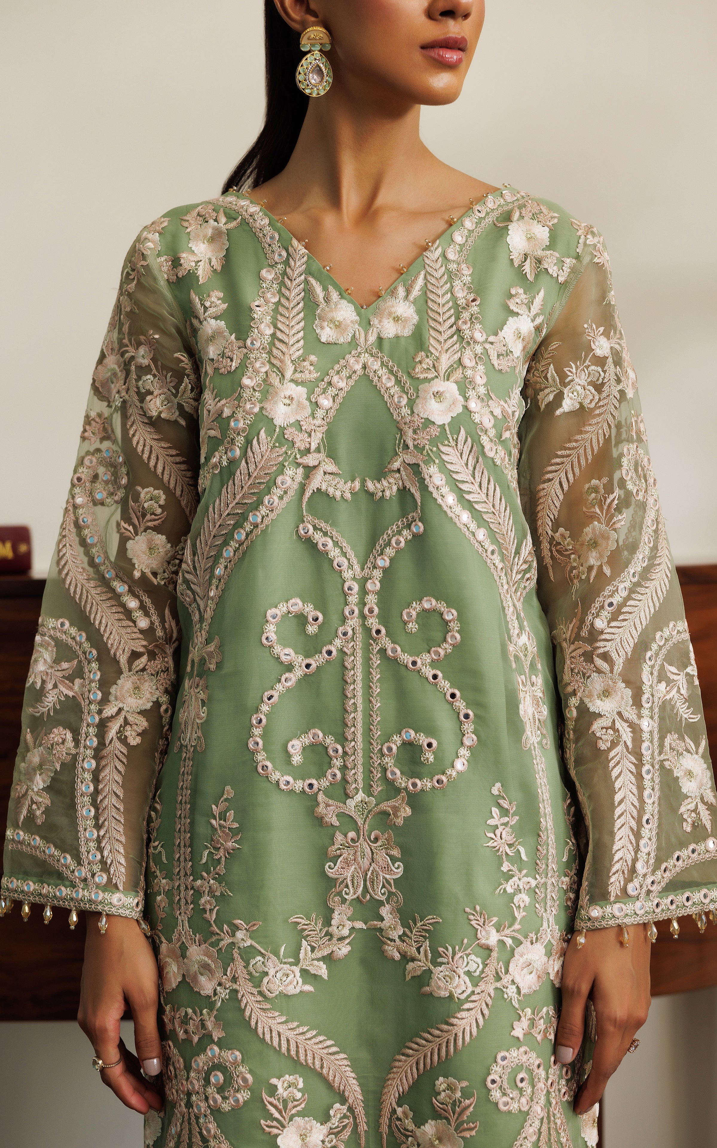 Pakistani Sage Green Embroidered Organza Salwar Kameez (2-Piece) - Image 6