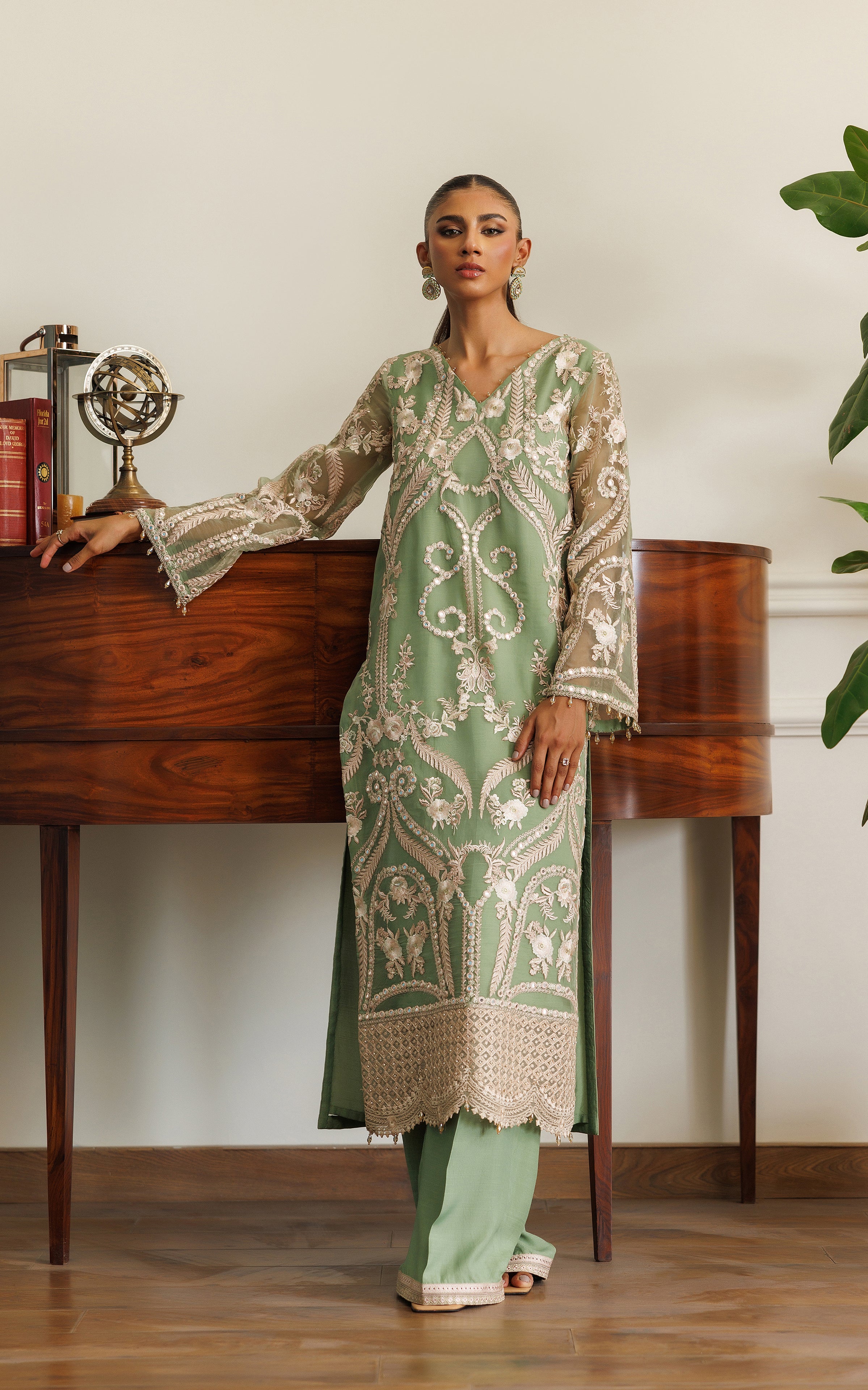 Pakistani Sage Green Embroidered Organza Salwar Kameez (2-Piece) - Image 7
