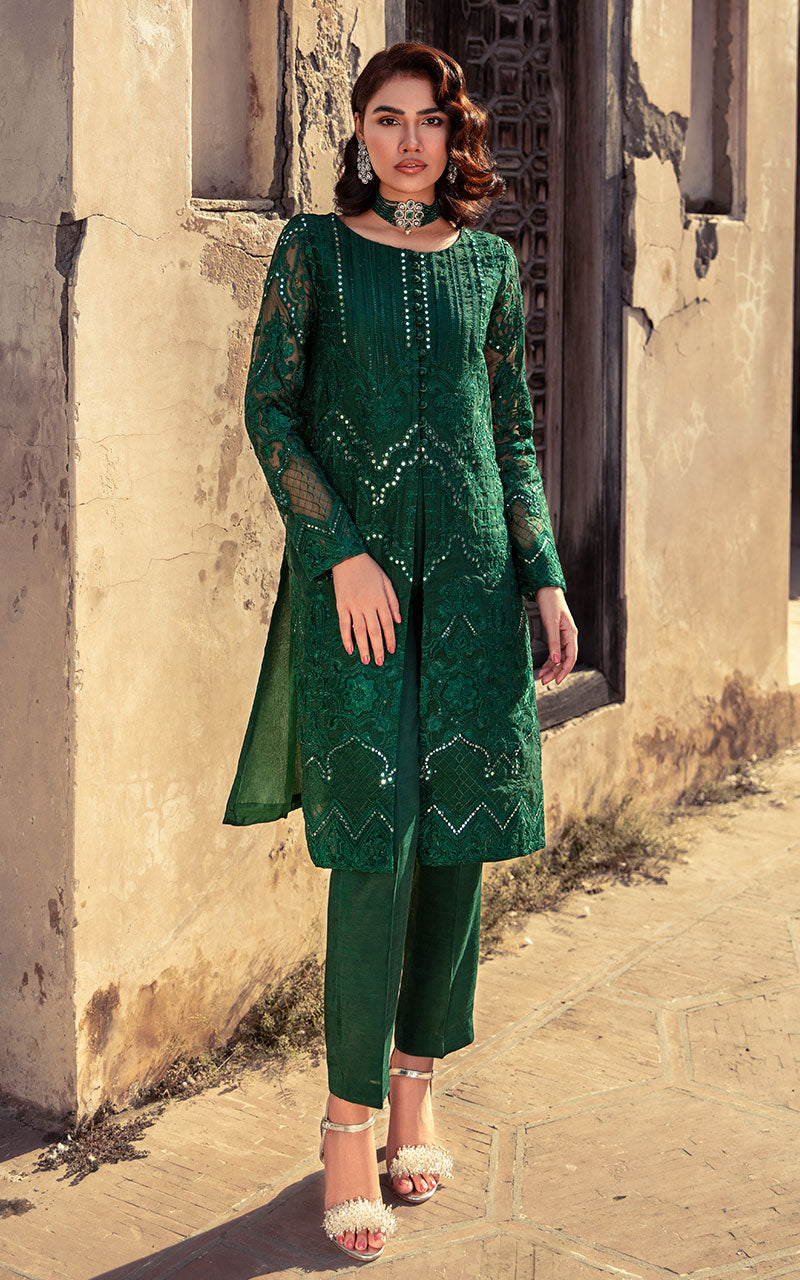 Pakistani Bottle Green Embroidered Organza Salwar Kameez (2-Piece) - Image 1