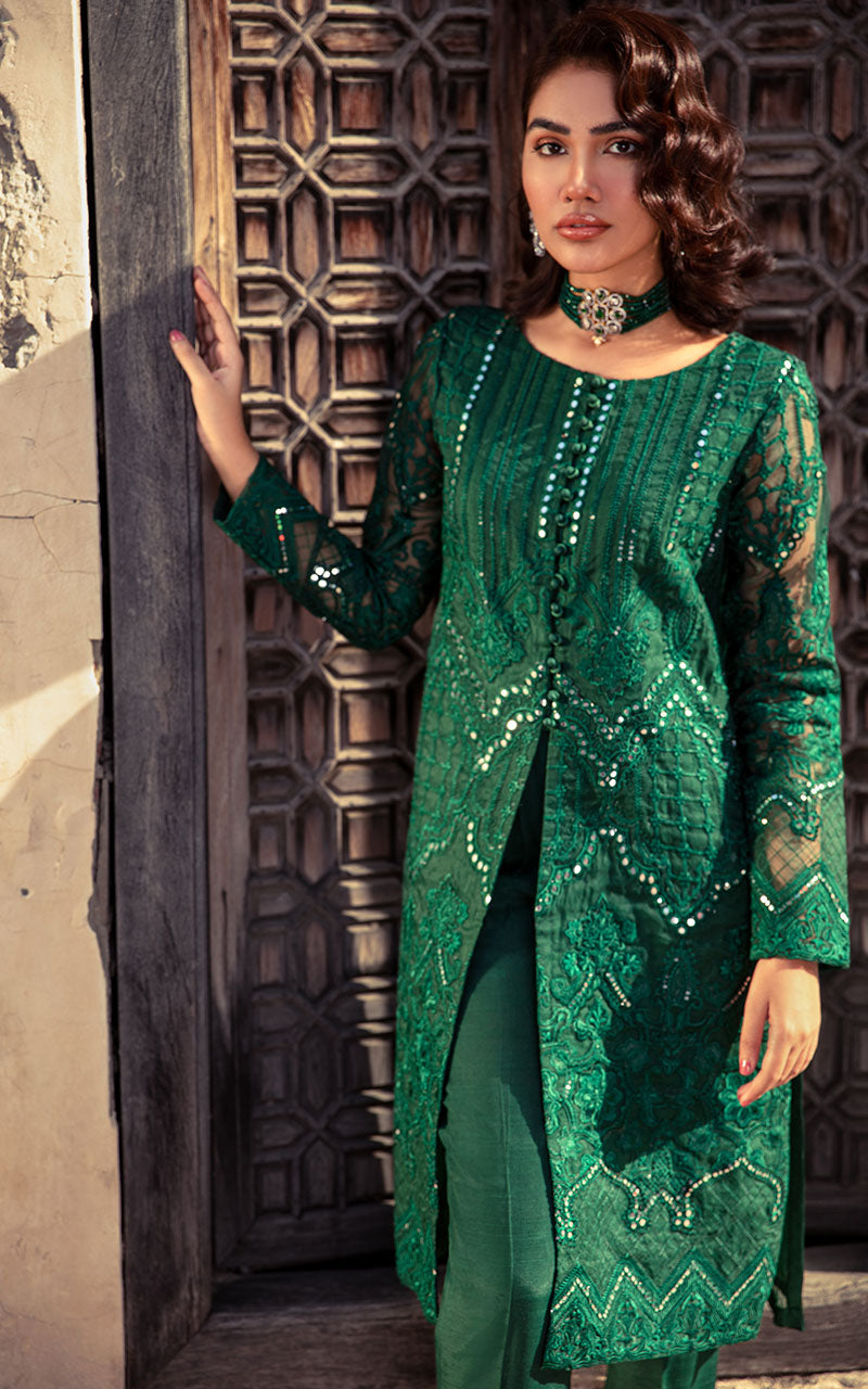 Pakistani Bottle Green Embroidered Organza Salwar Kameez (2-Piece) - Image 3