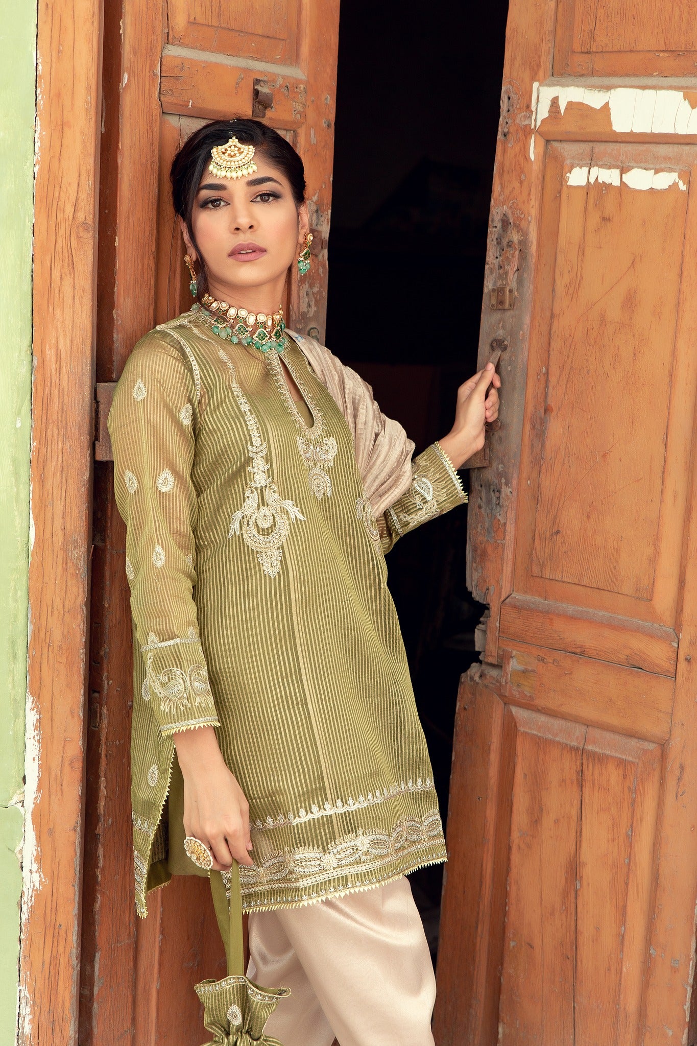 Olive Embroidered Organza & Tissue Salwar Kameez (3-Piece) - Image 4