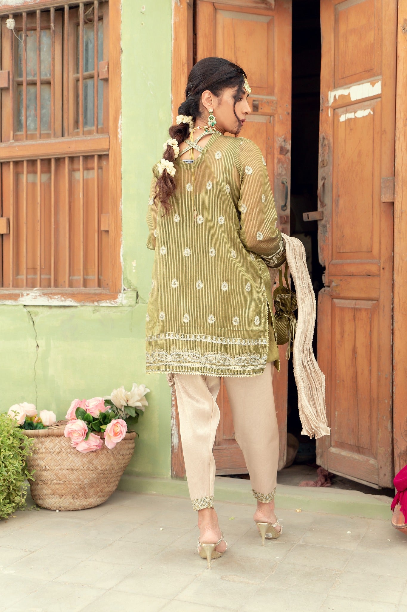 Olive Embroidered Organza & Tissue Salwar Kameez (3-Piece) - Image 5