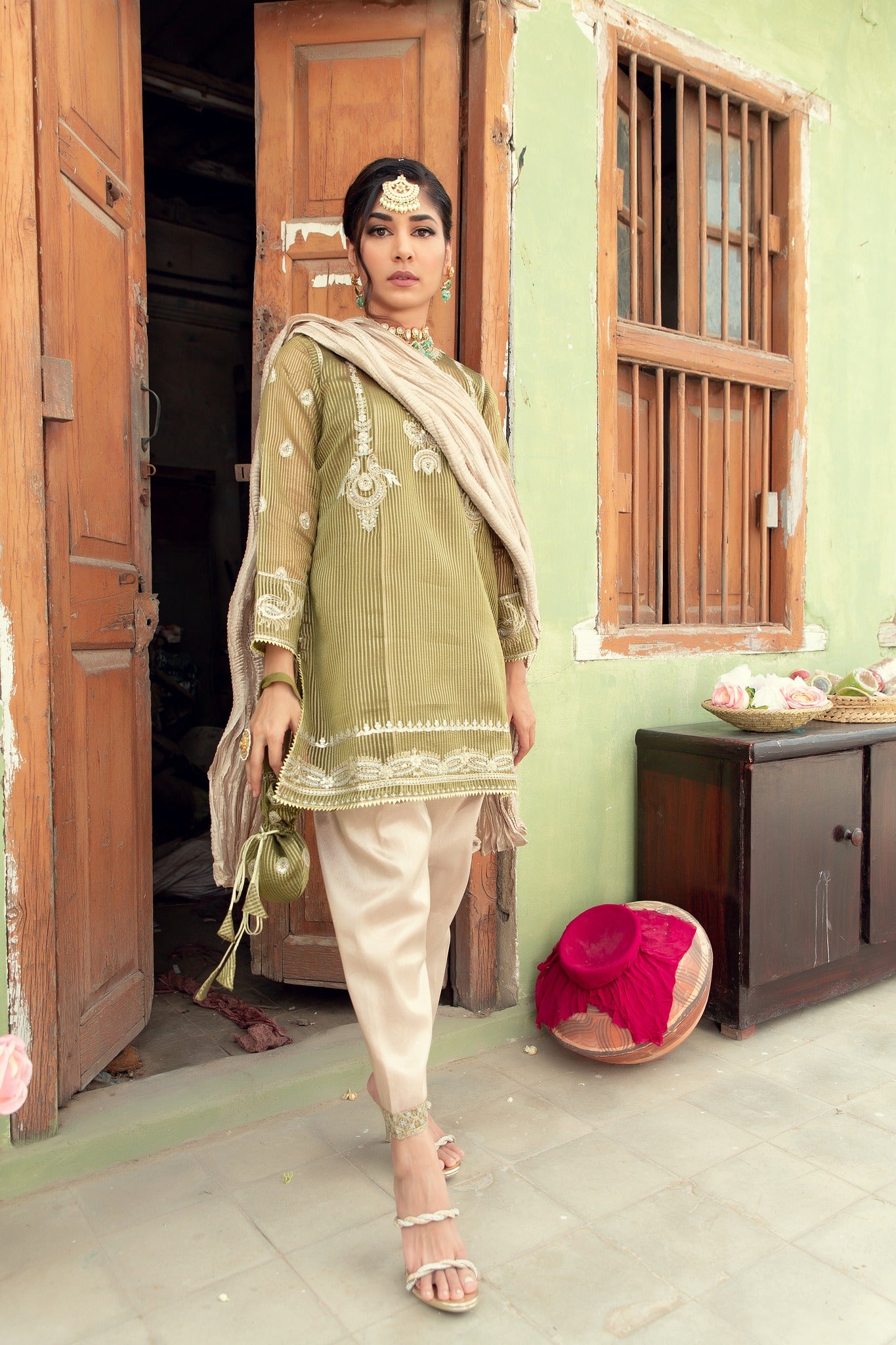 Olive Embroidered Organza & Tissue Salwar Kameez (3-Piece) - Image 6