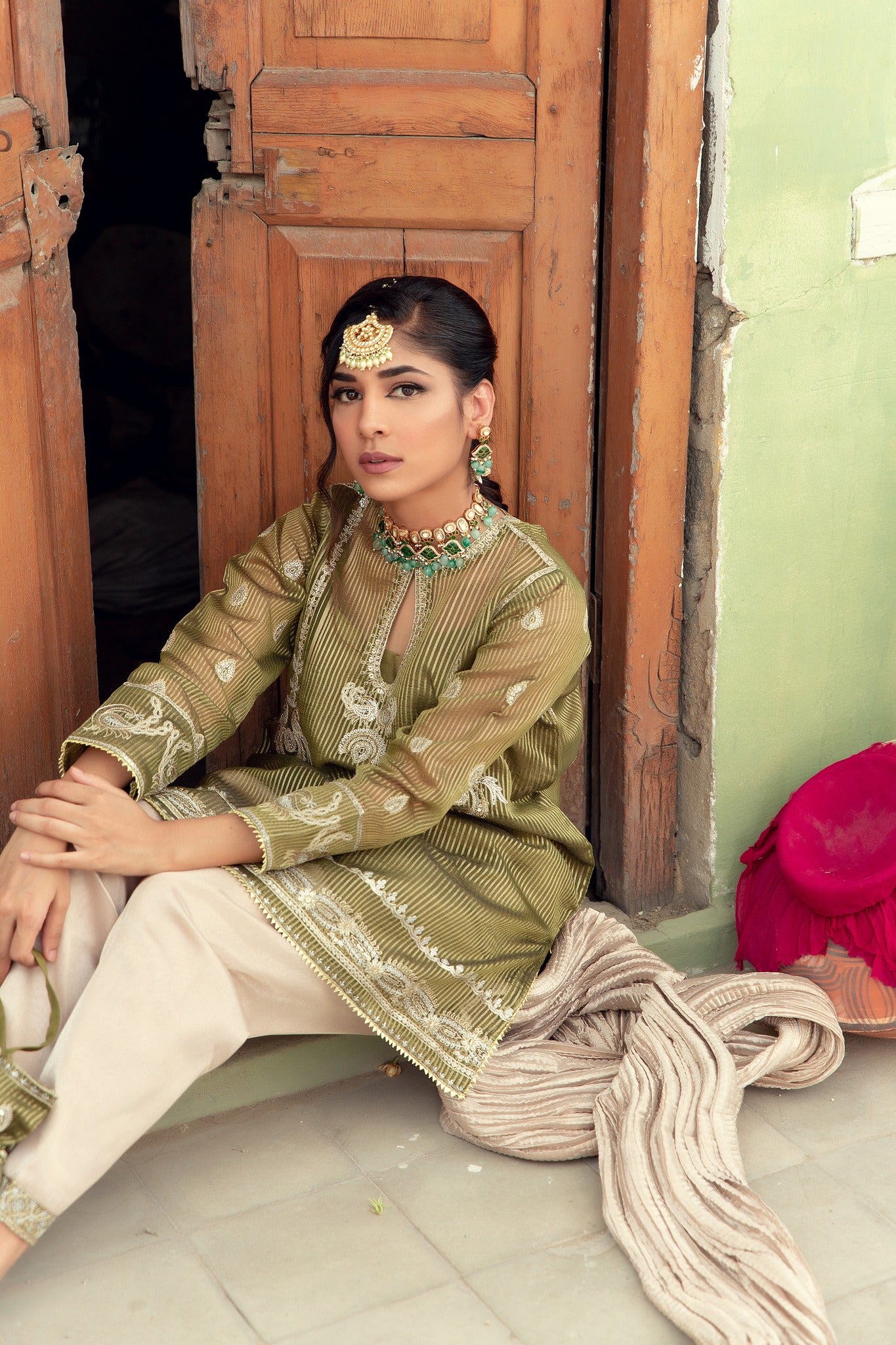 Olive Embroidered Organza & Tissue Salwar Kameez (3-Piece) - Image 7