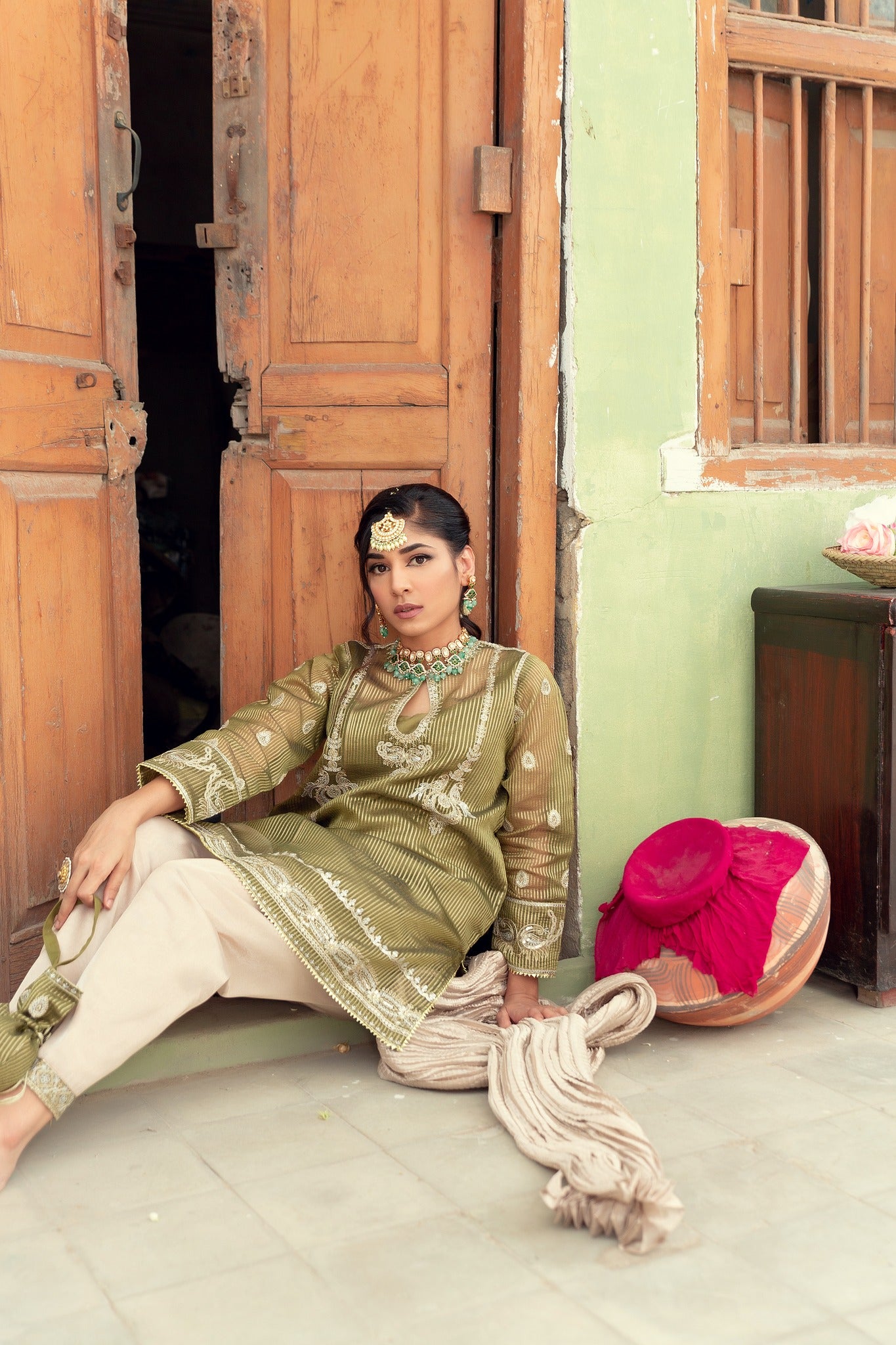 Olive Embroidered Organza & Tissue Salwar Kameez (3-Piece) - Image 8