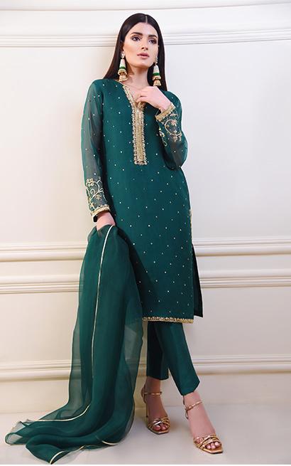 Pakistani Poison Green Zardosi Organza Salwar Kameez (3-Piece) - Image 1