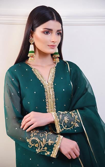 Pakistani Poison Green Zardosi Organza Salwar Kameez (3-Piece) - Image 2