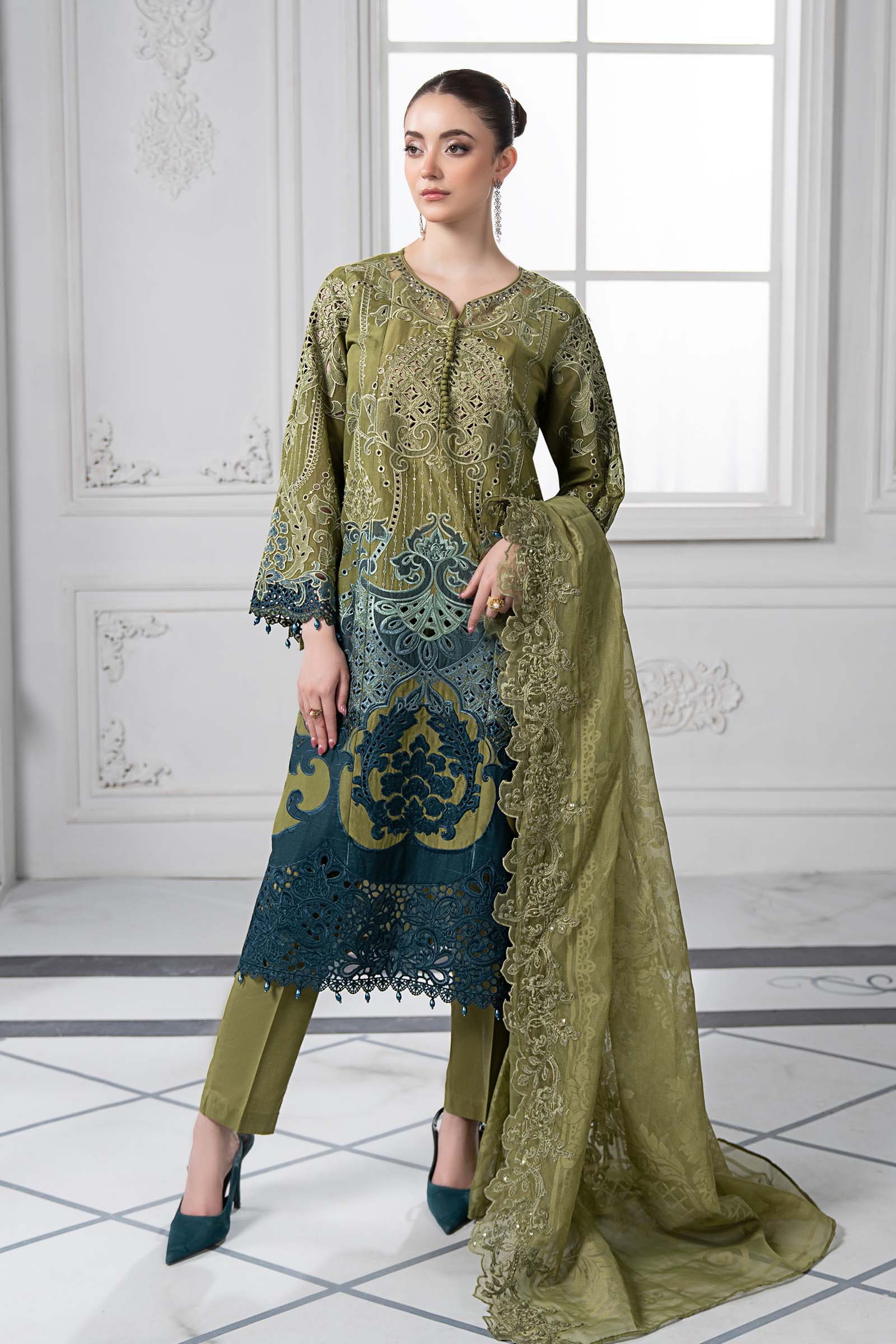 Olive Embroidered Paper Cotton Salwar Kameez (3-Piece) - Image 1