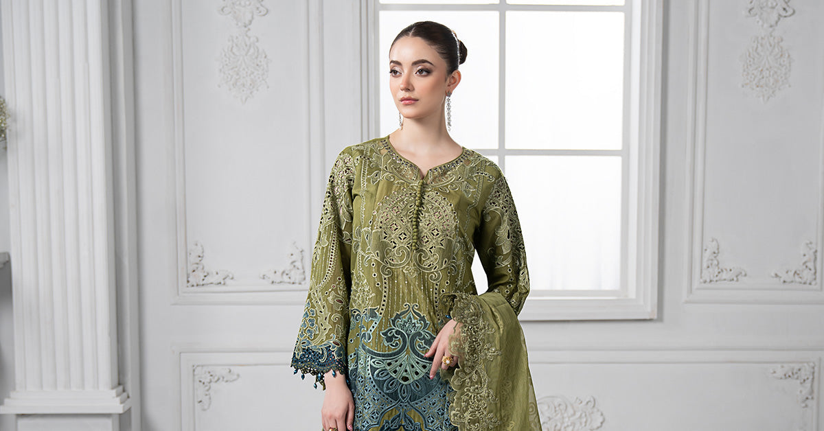 Olive Embroidered Paper Cotton Salwar Kameez (3-Piece) - Image 10