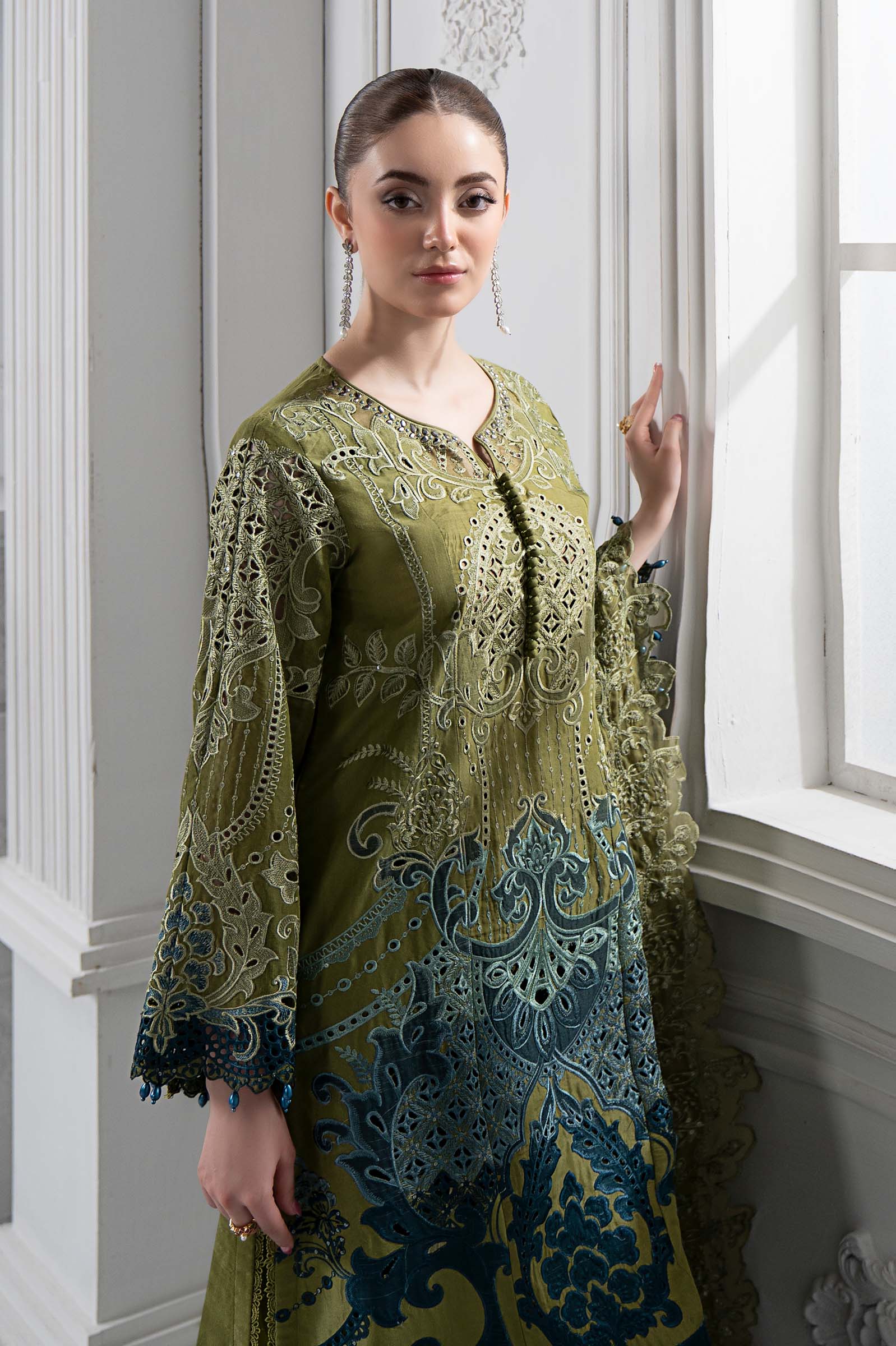 Olive Embroidered Paper Cotton Salwar Kameez (3-Piece) - Image 3