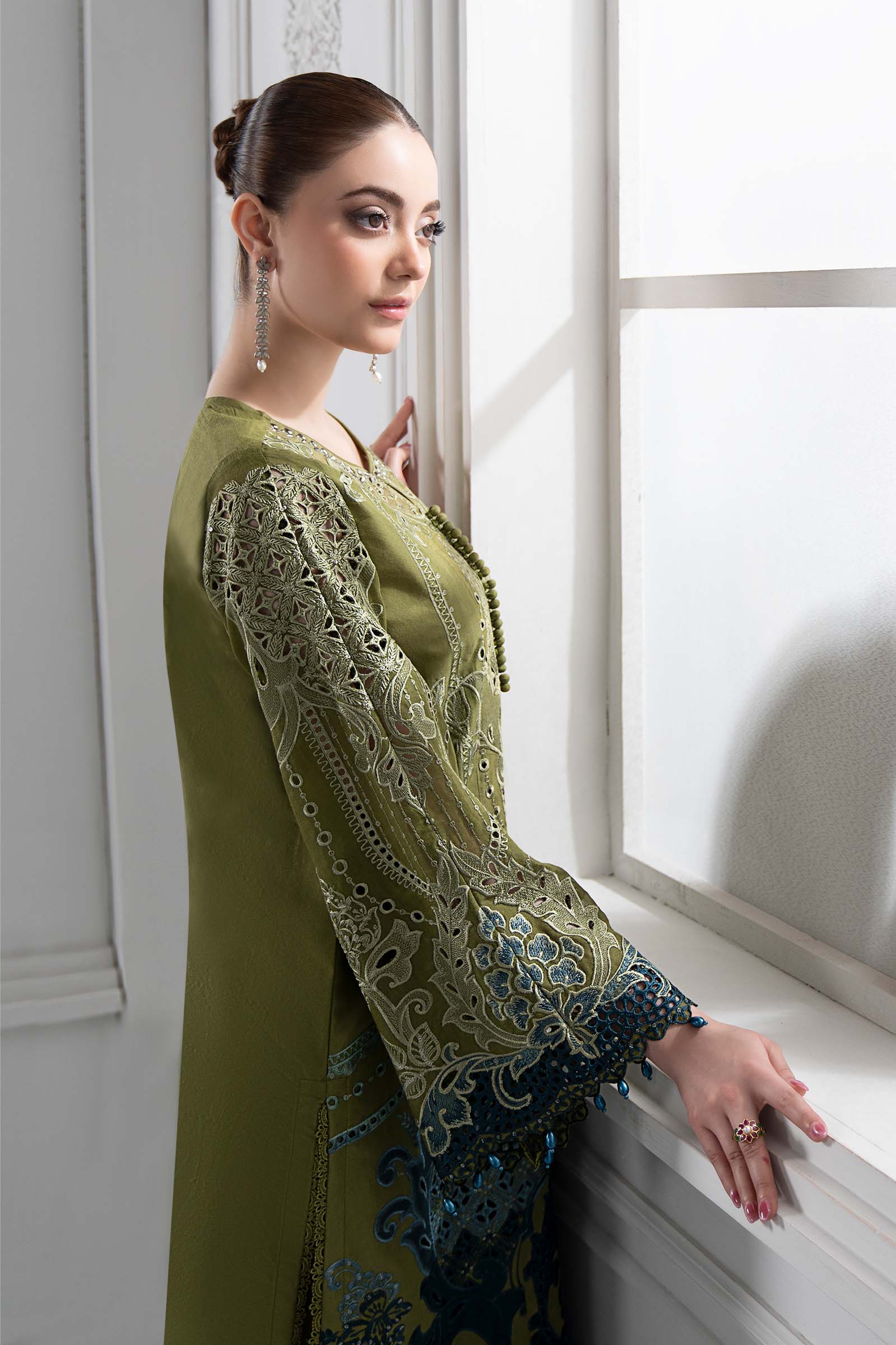 Olive Embroidered Paper Cotton Salwar Kameez (3-Piece) - Image 4