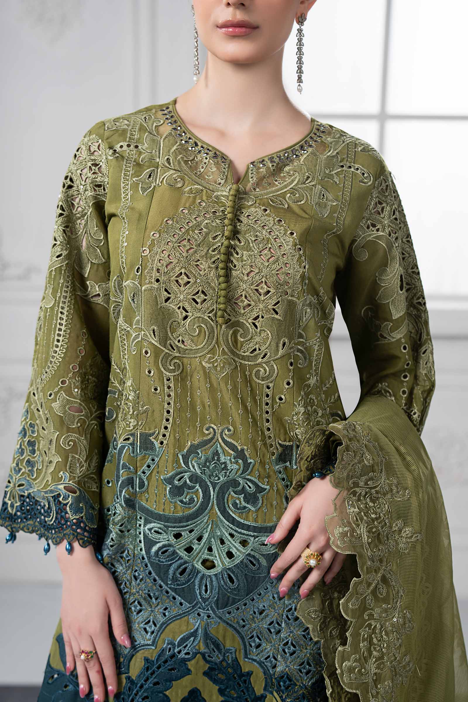 Olive Embroidered Paper Cotton Salwar Kameez (3-Piece) - Image 5