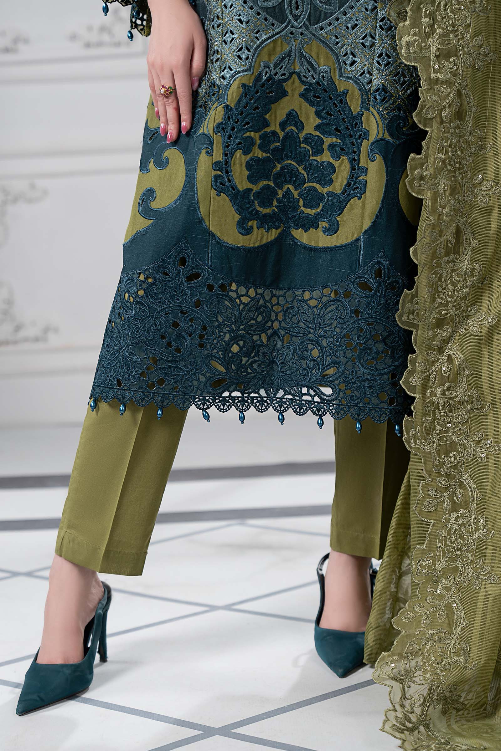 Olive Embroidered Paper Cotton Salwar Kameez (3-Piece) - Image 6